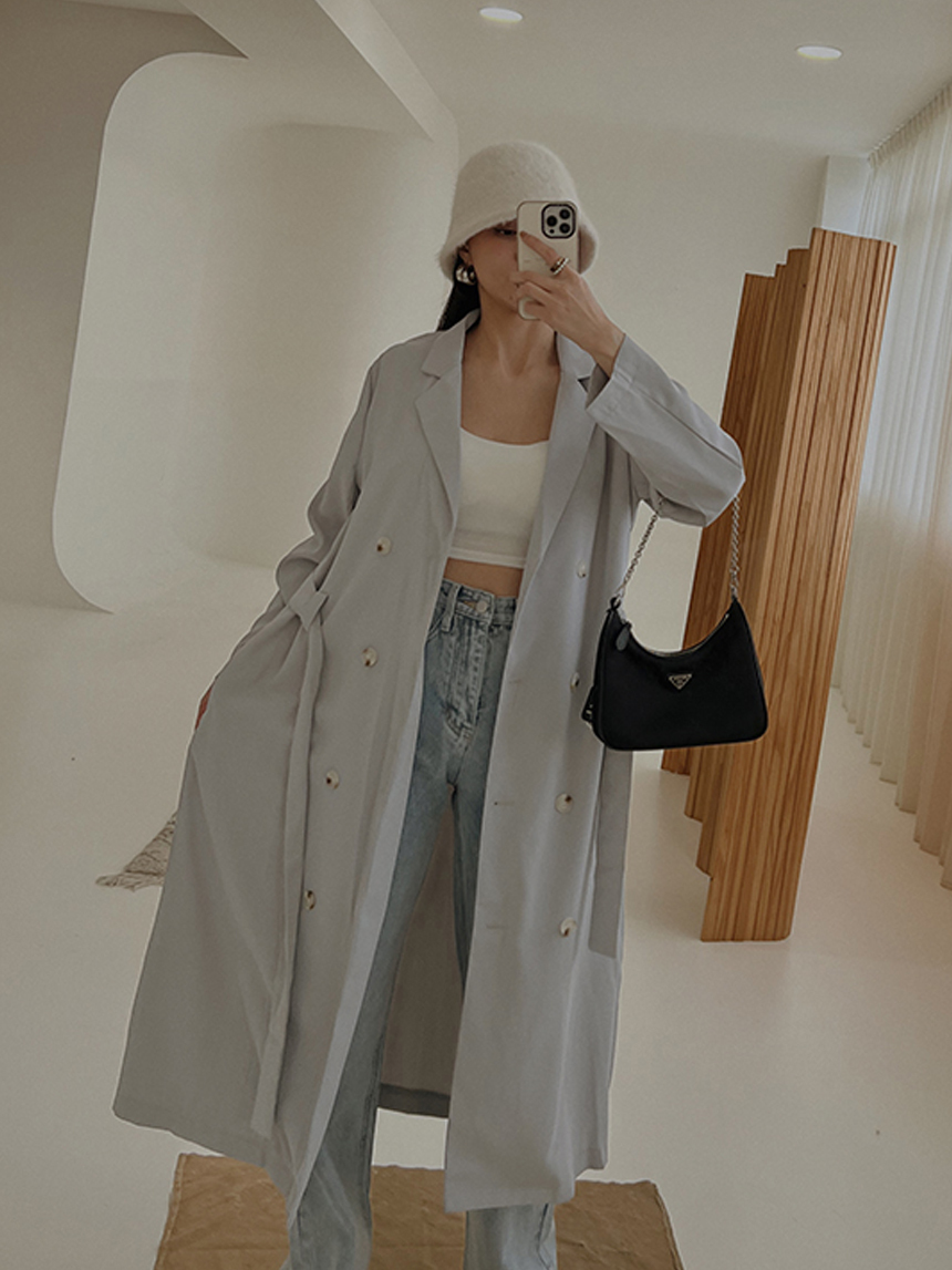 正韓-綁帶長版風衣外套*2色