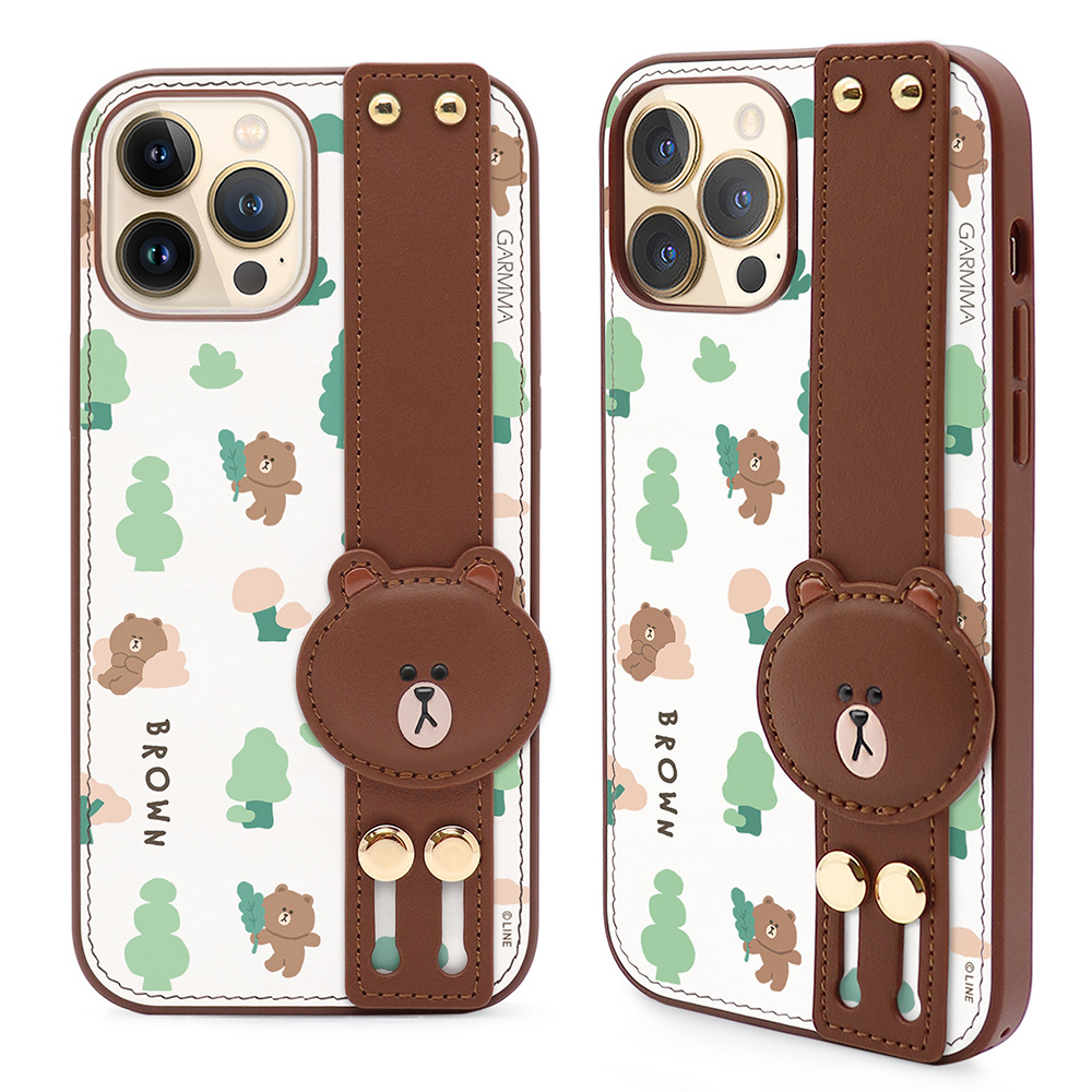 GARMMA LINE FRIENDS iPhone 13系列 手掌帶燙金皮革保護套 森林探險