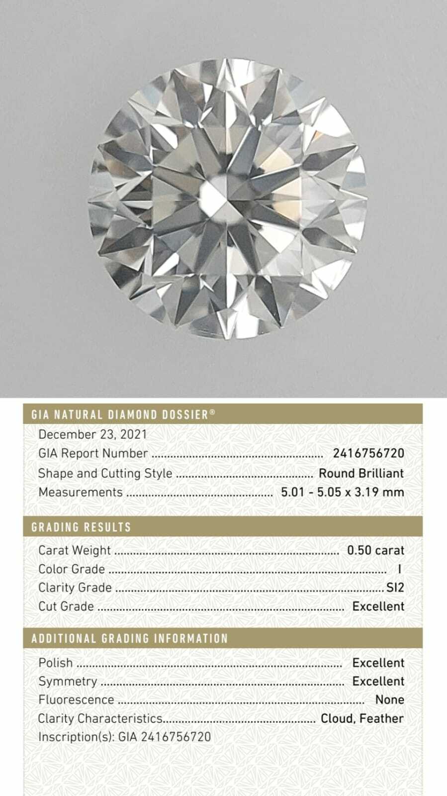 GIA鑽石0.50 I SI2 3EX NON