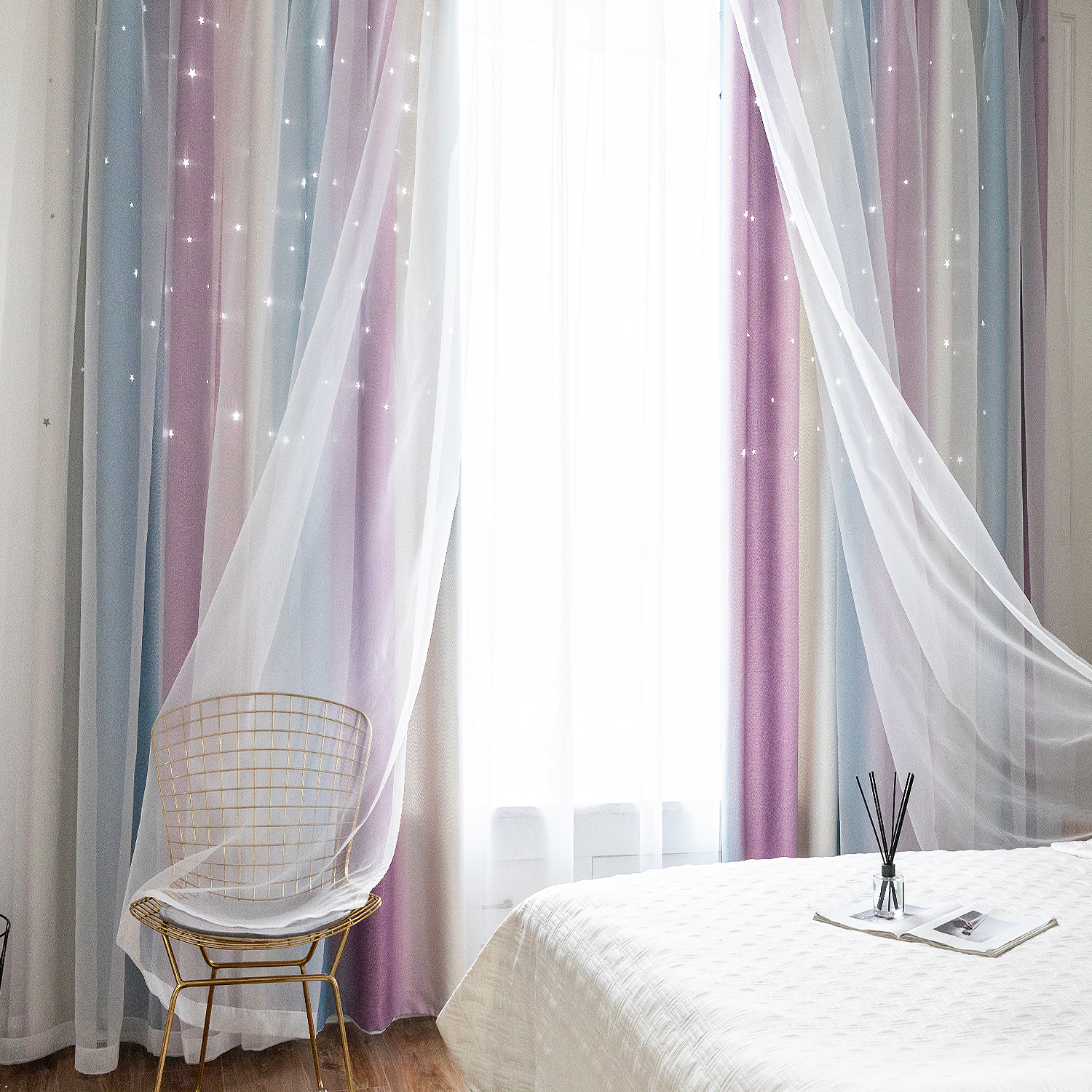 鏤空星星 • 漸層藍粉 • 雙層窗簾