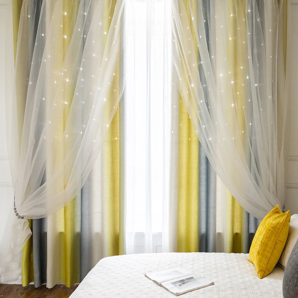 鏤空星星 • 漸層灰黃 • 雙層窗簾