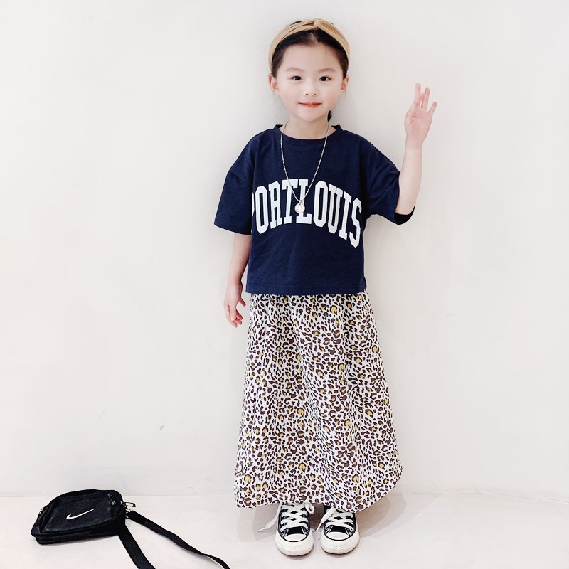少量現貨 親子款 深藍字母短T+泡泡豹紋長裙