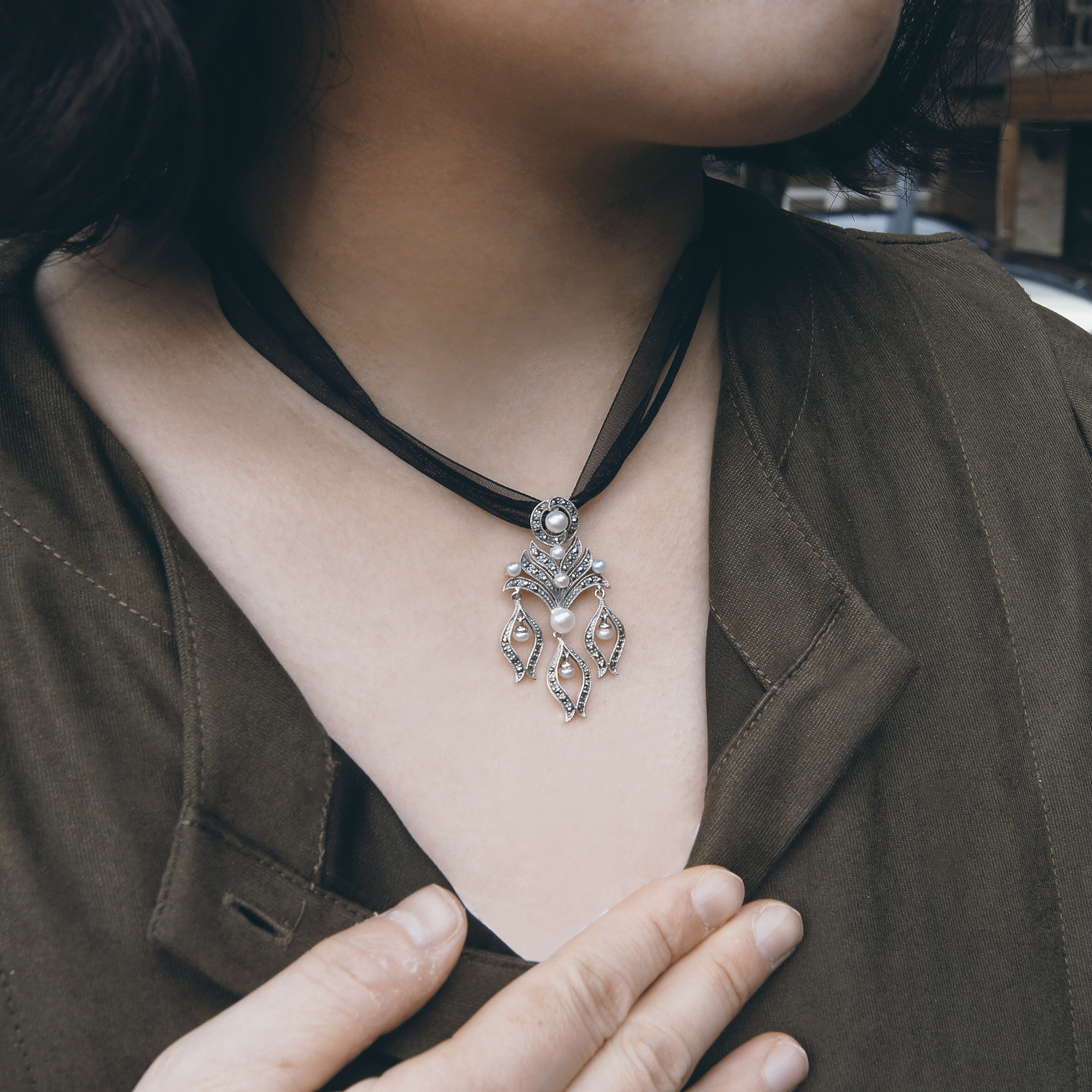 典雅線條珍珠墜子