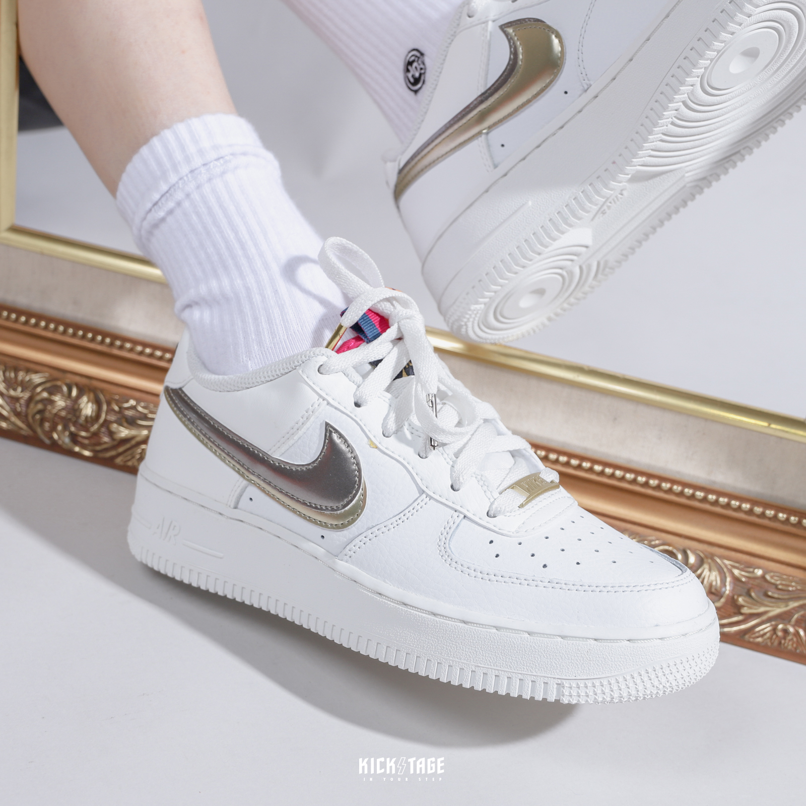 NIKE AIR FORCE 1 GS 全白雙鉤彩虹鐵牌AF1 休閒鞋【DH9595-001】