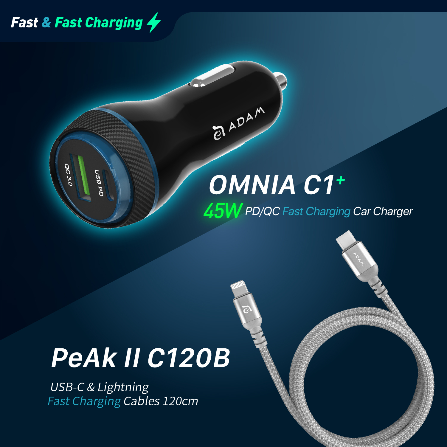 OMNIA C1+ 45W  PD/QC Fast charging Car Charger + PeAk II C120B USB-C to Lightning Cable (1.2M)