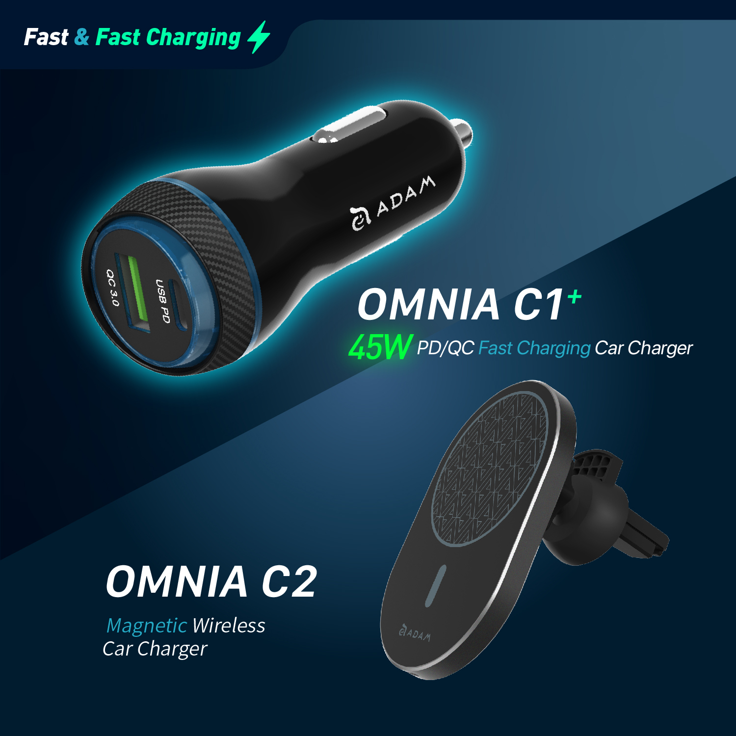 OMNIA C1+ 45W  PD/QC Fast charging Car Charger + OMNIA C2 Magnetic Wireless Car Charger