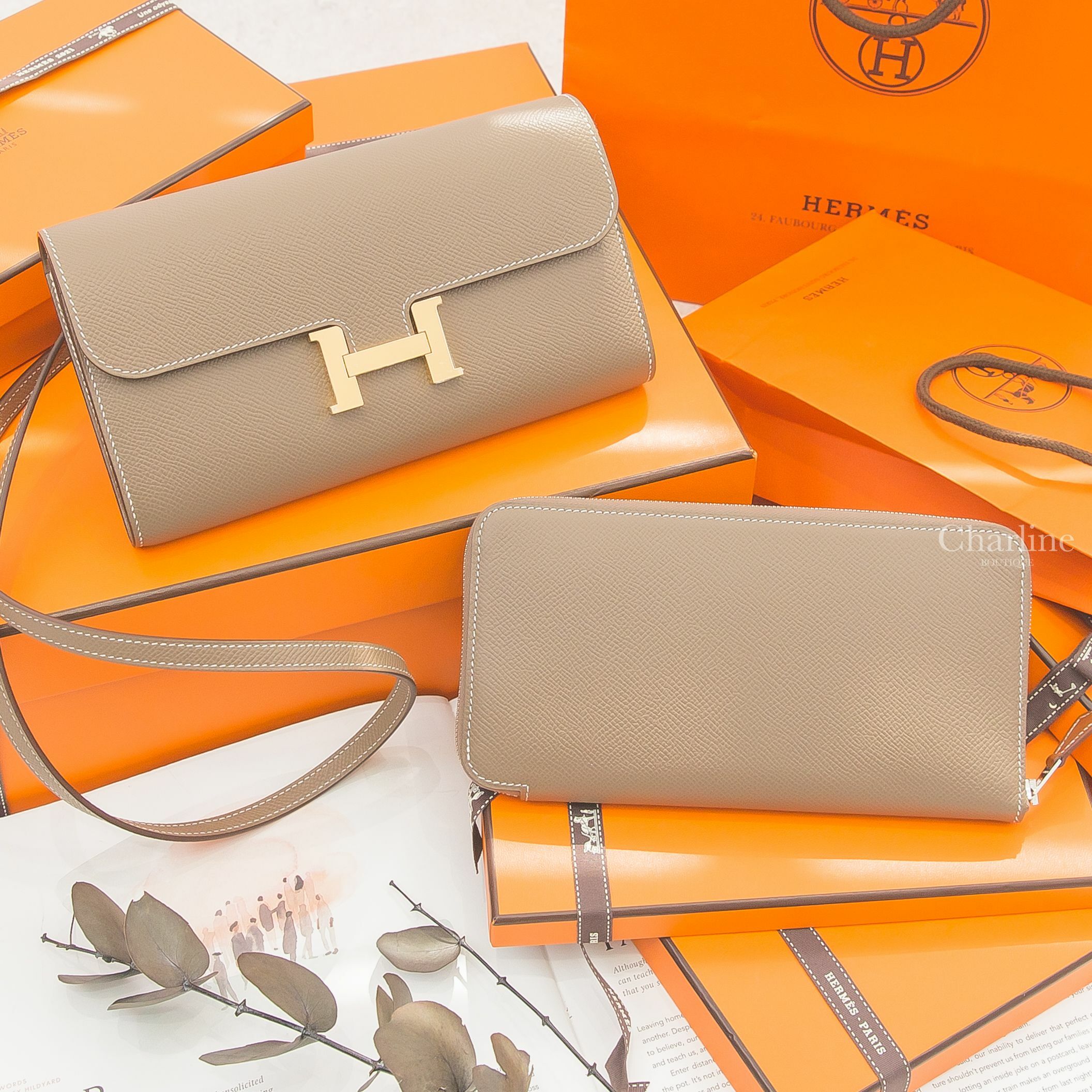 Hermès Constance To Go 18 Etoupe Epsom 大象灰金釦,Hermès Silk'in Wallet 18 Etoupe Epsom/Barenia 大象灰絲巾長夾-Charline Boutique 精品代購