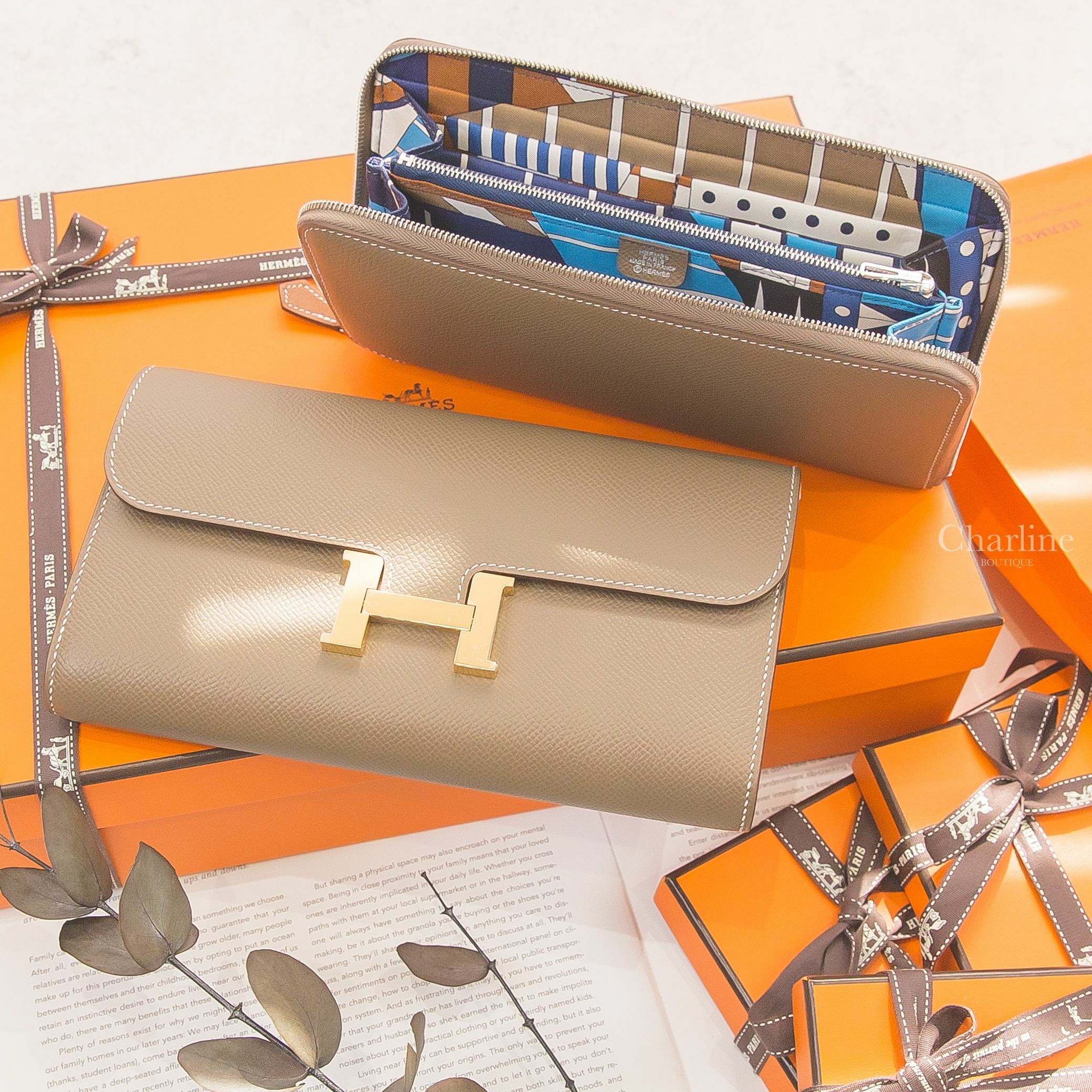 Hermès Constance To Go 18 Etoupe Epsom 大象灰金釦,Hermès Silk'in Wallet 18 Etoupe Epsom/Barenia 大象灰絲巾長夾-Charline Boutique 精品代購