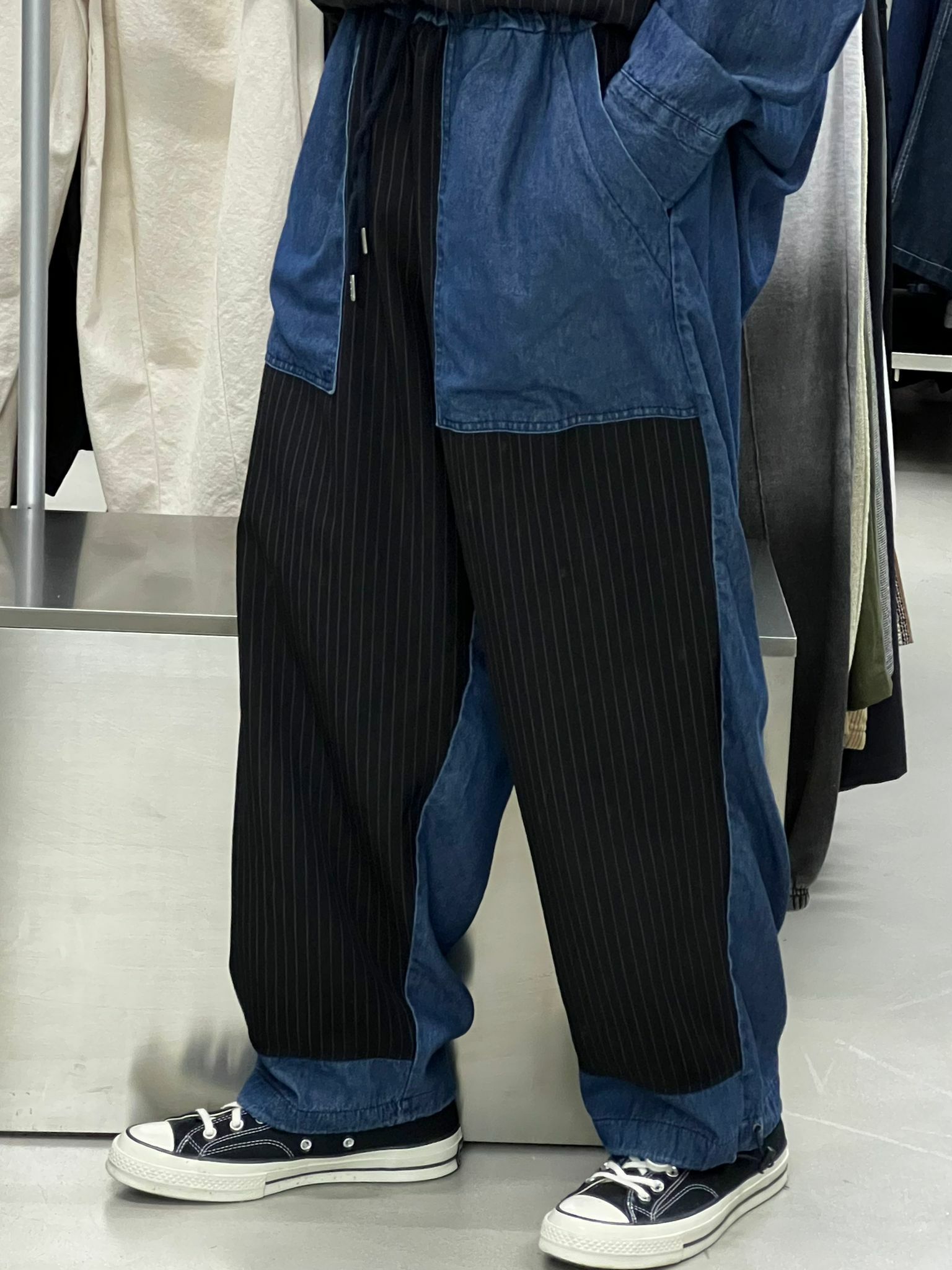 牛仔拼直紋褲 P1365