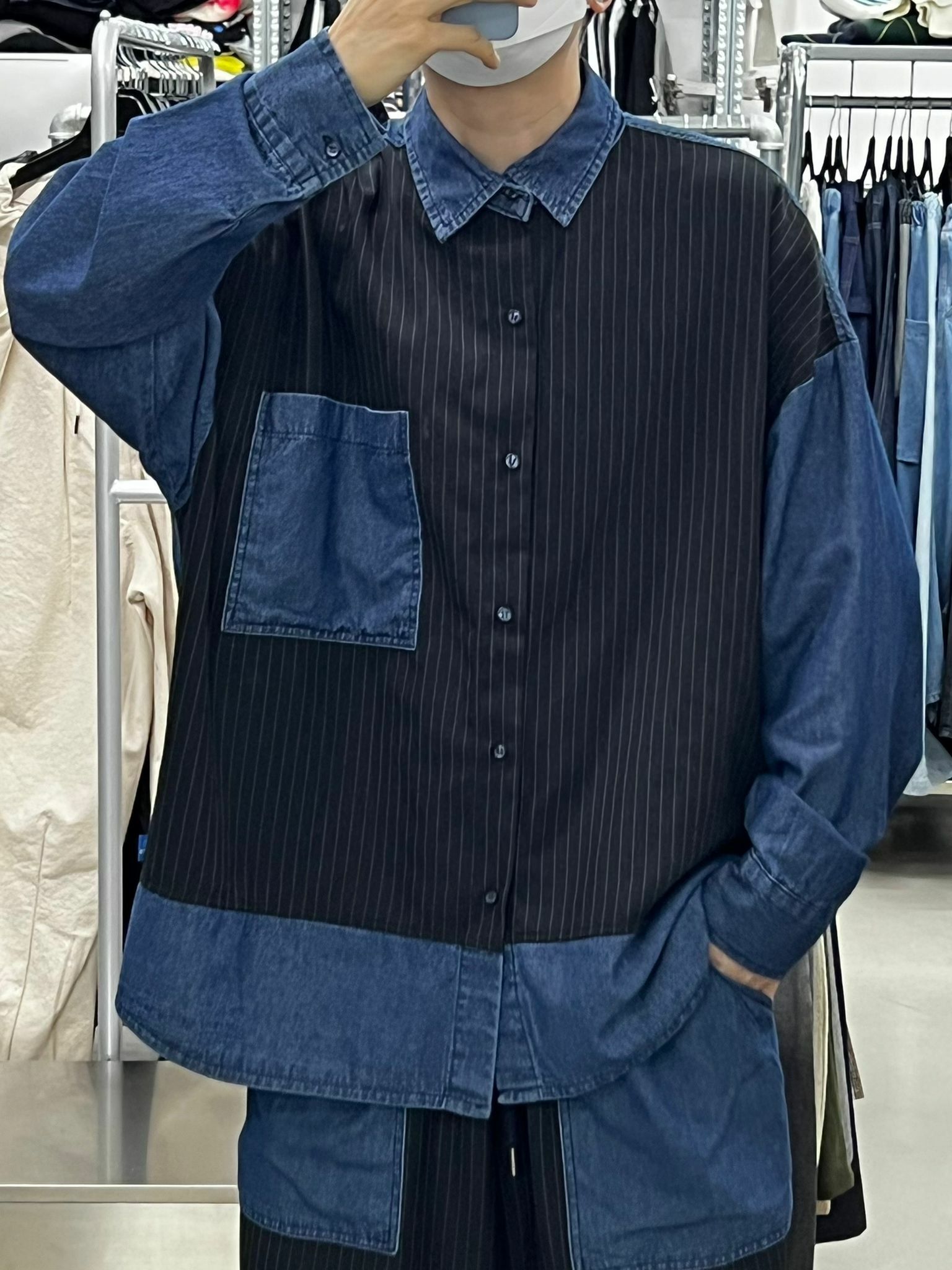 牛仔拼直紋長袖恤衫 S1658