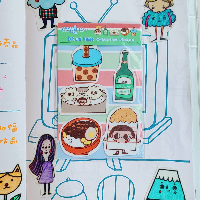 台灣小吃 5入防水貼紙組｜微醺斑比