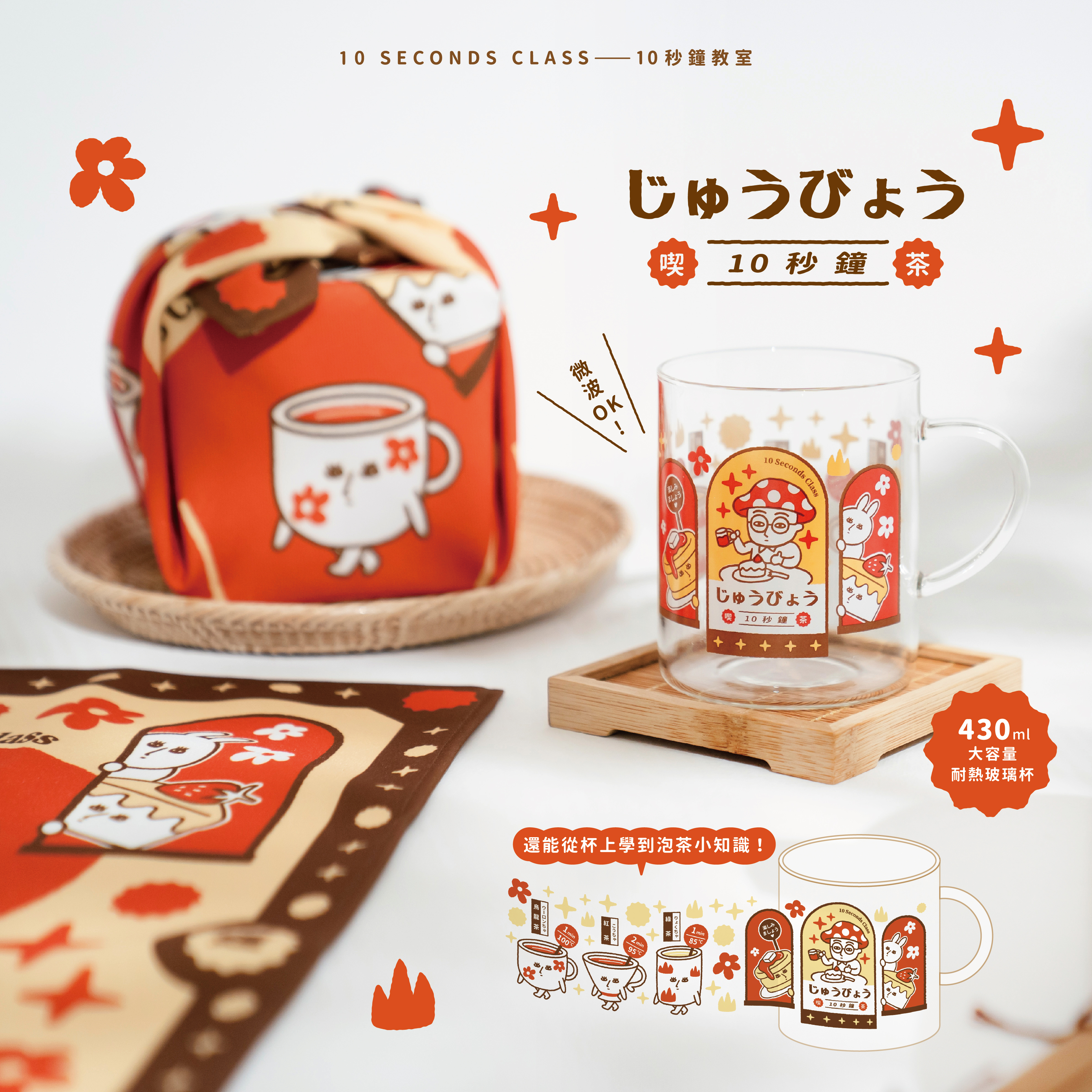 【10秒鐘教室x慢慢挑-喝茶禮物組 】（含玻璃杯＋風呂畫布）日式昭和感喫茶組