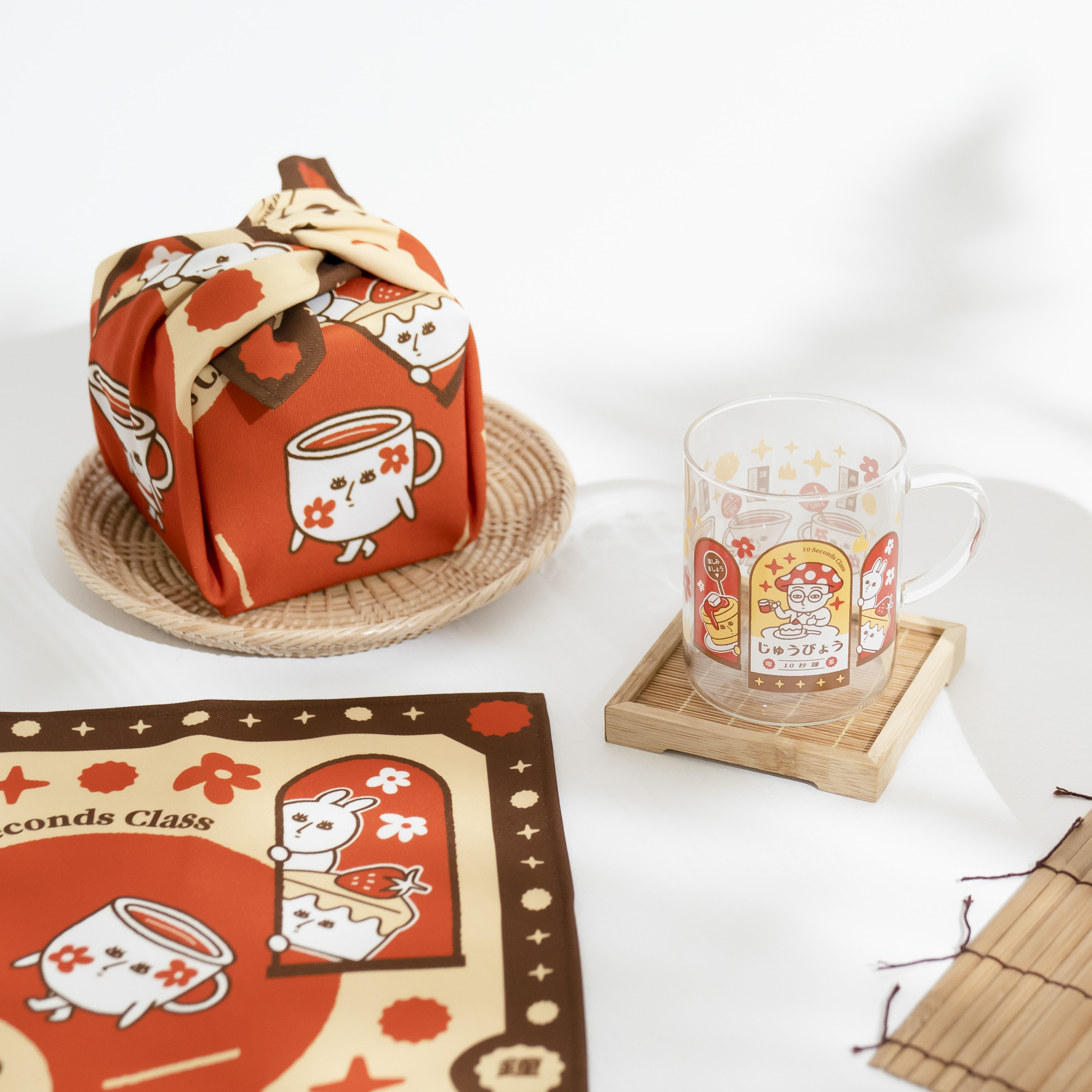 【10秒鐘教室x慢慢挑-喝茶禮物組 】（含玻璃杯＋風呂畫布）日式昭和感喫茶組