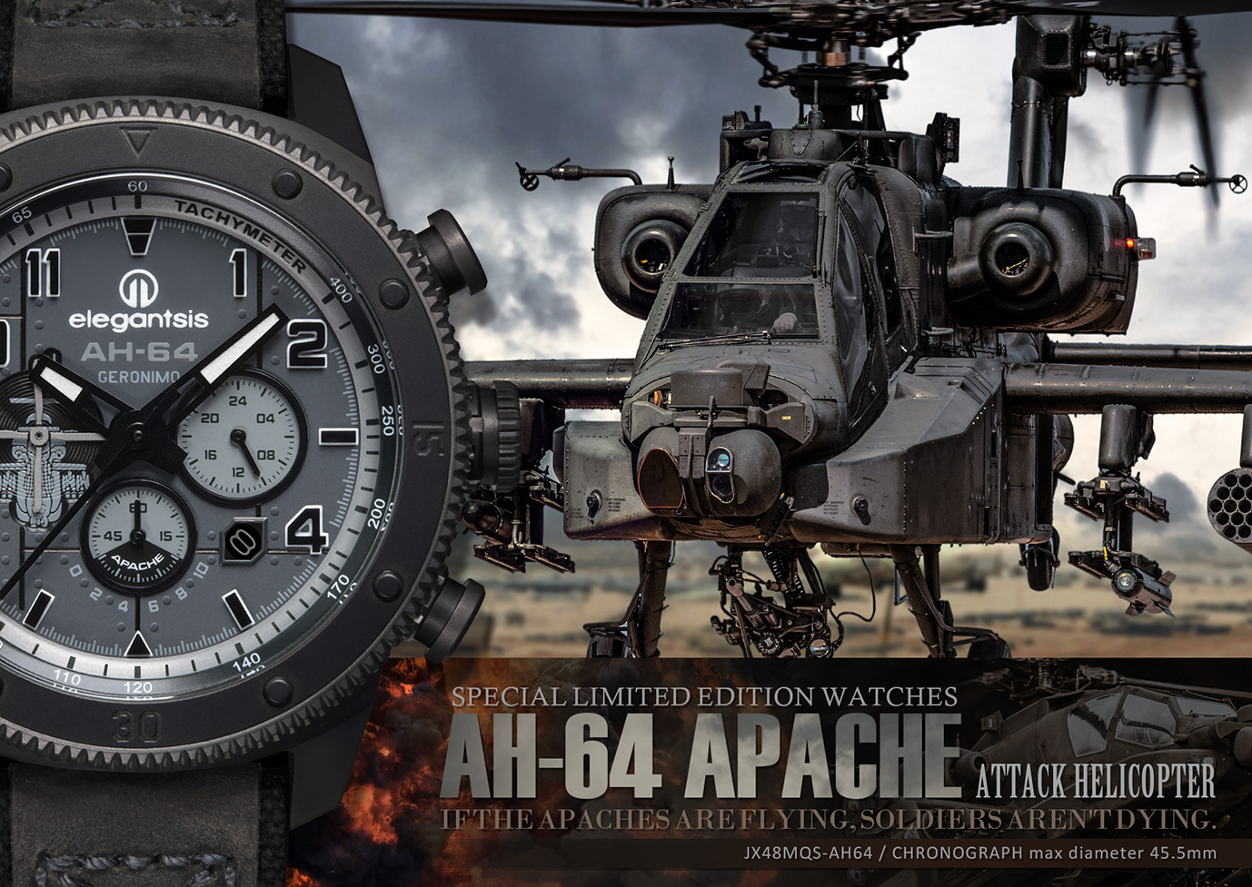 萬年鐘錶 - elegantsis 愛樂時   灰色款 - 阿帕契限定款三眼計時男錶 ELJX48MQS-AH64-OG02LC