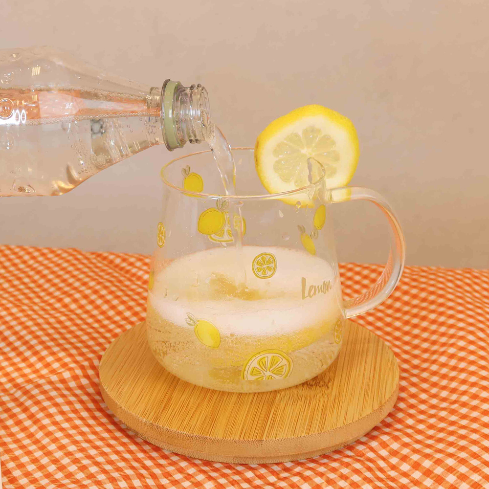 夏日檸檬耐熱玻璃馬克杯(附蓋+匙) 450ML