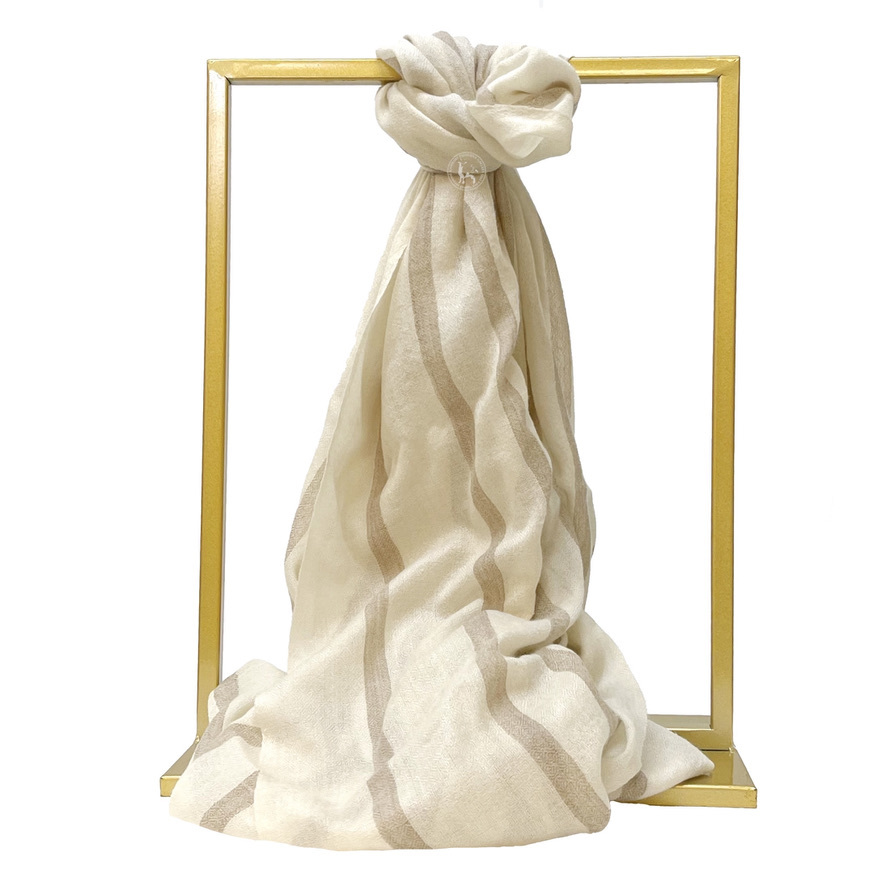 米白駝色條紋圖案喀什米爾羊絨圍巾