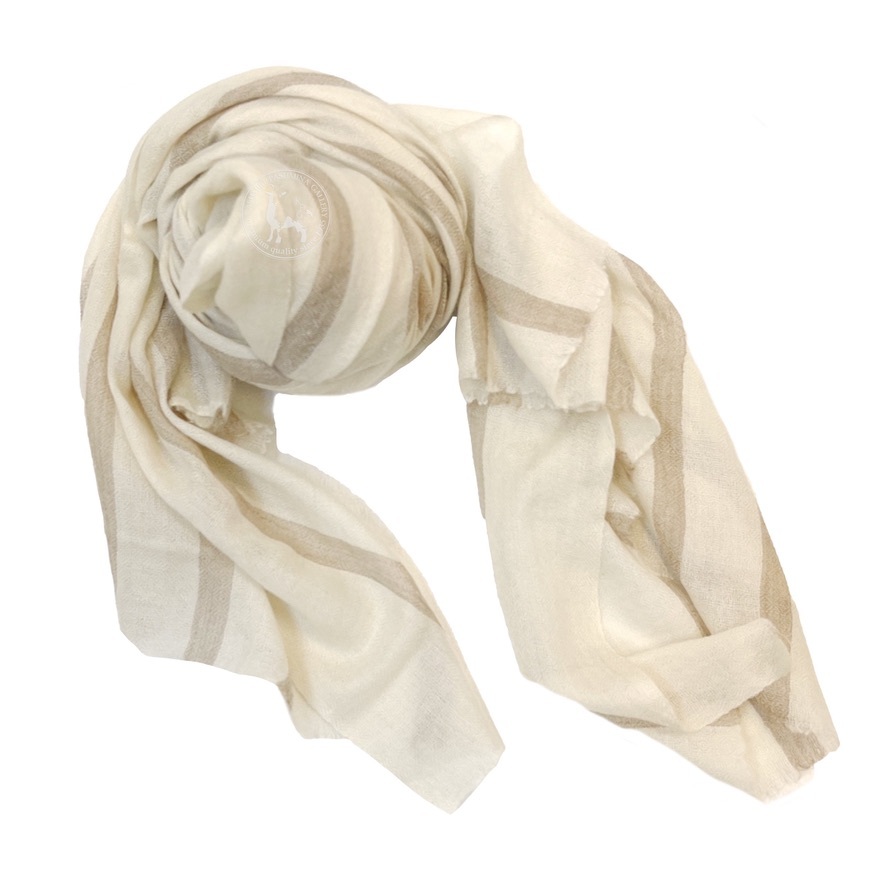 米白駝色條紋圖案喀什米爾羊絨圍巾