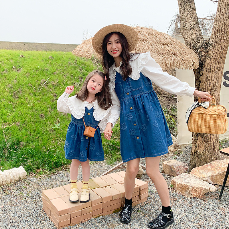 現貨出清 親子款 荷葉領大翻領襯衫+牛仔背心裙