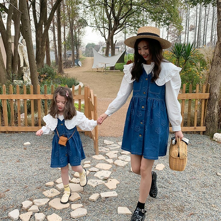 現貨出清 親子款 荷葉領大翻領襯衫+牛仔背心裙