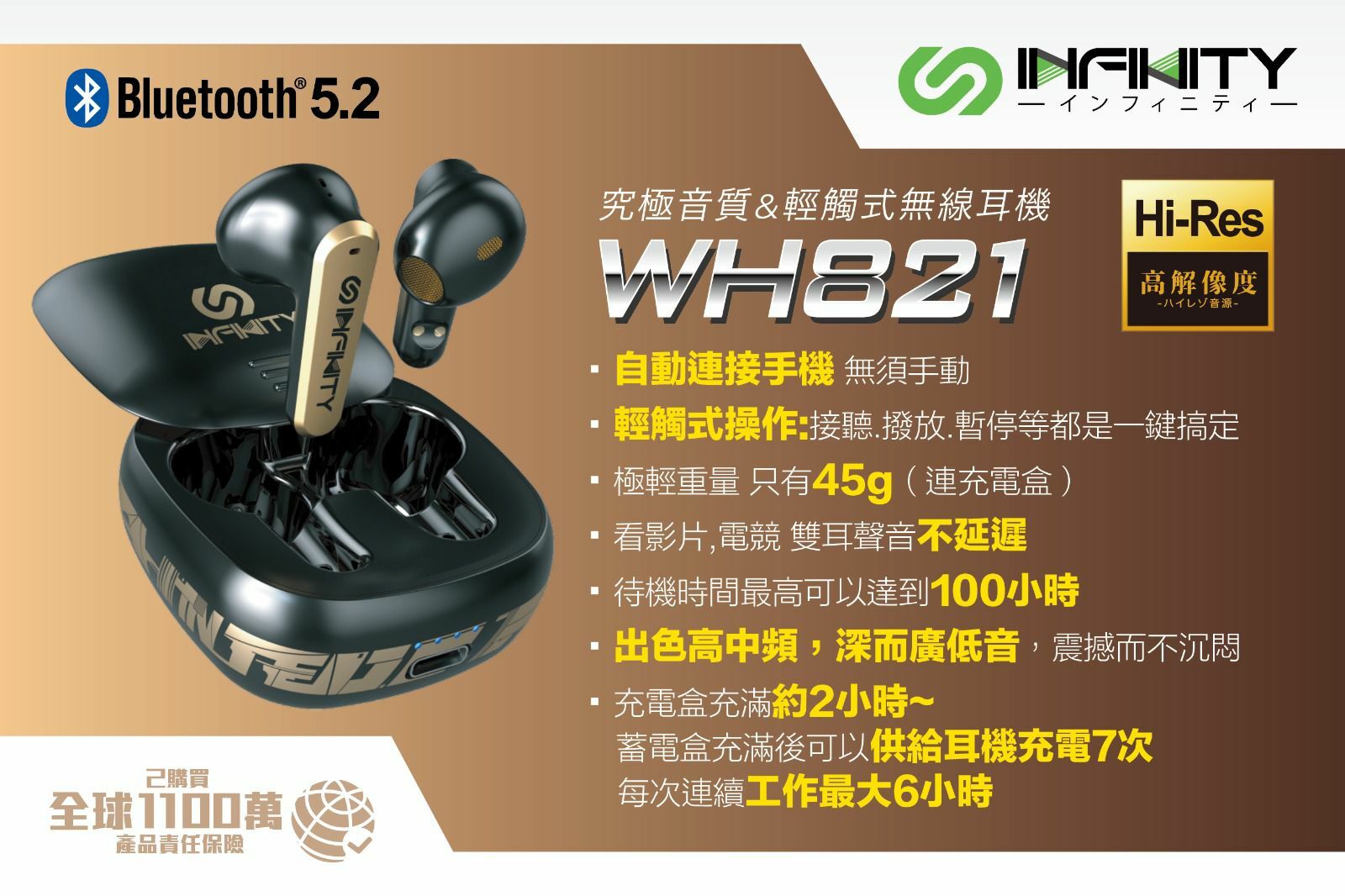 INFINITY WH821究極音質＆輕觸式無線耳機