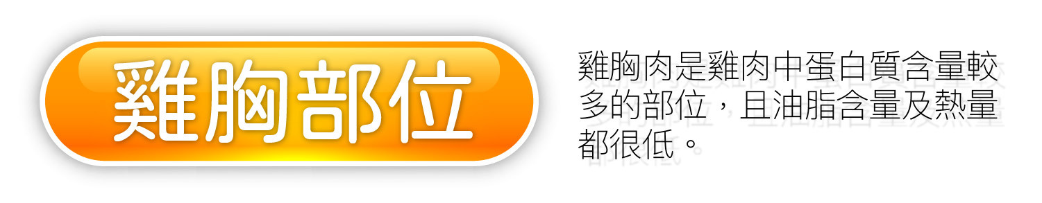 【雞胸部位】雞胸肉是雞肉中蛋白質含量較多的部位，且油脂含量及熱量都很低。