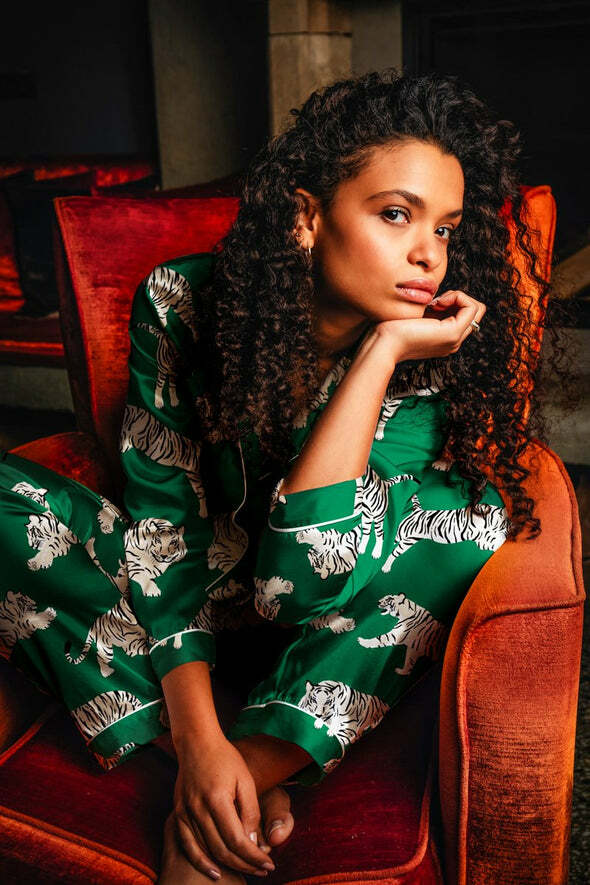 美國Averie Sleep 親膚柔滑兩件式長袖睡衣-復古綠老虎