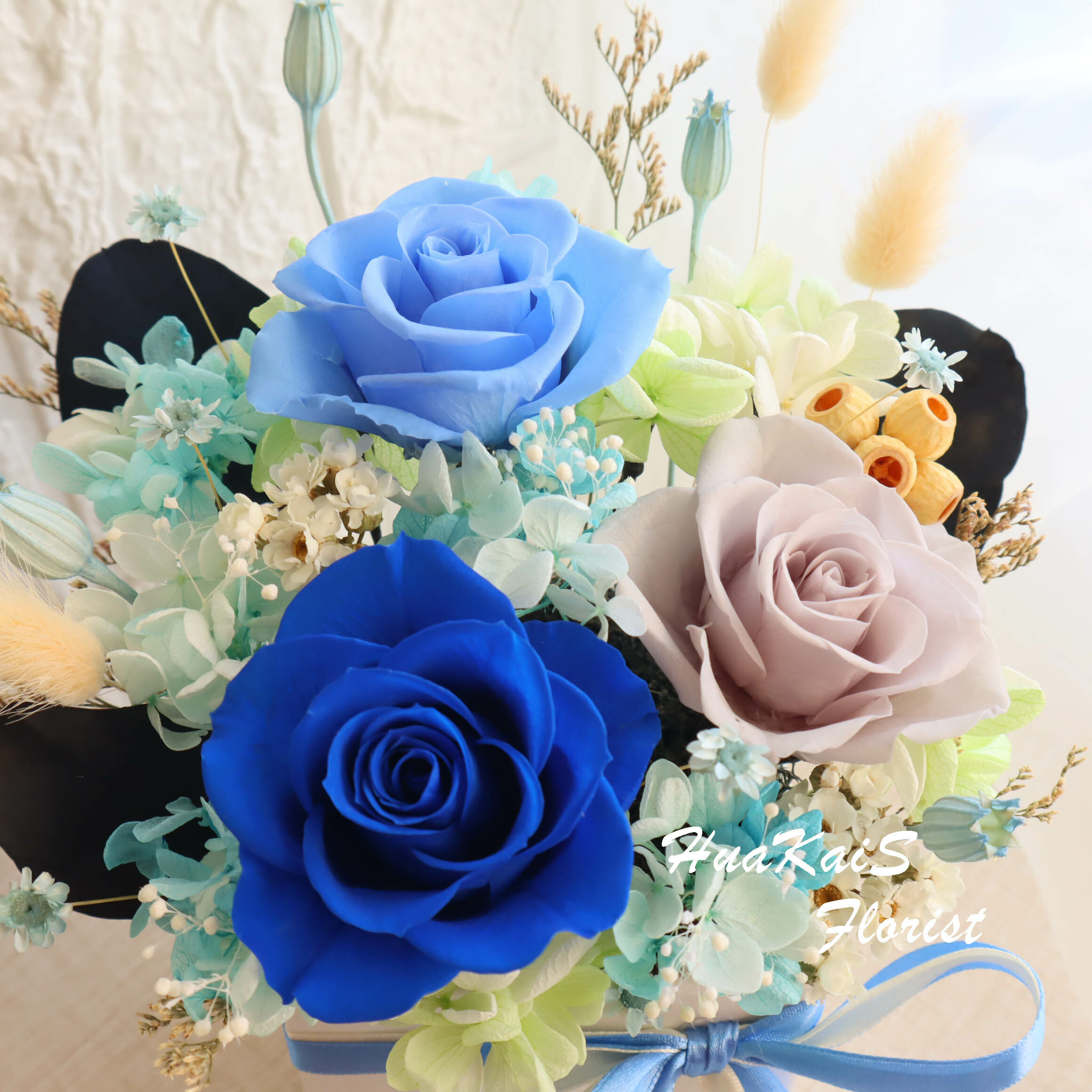 永生花小盆栽|海水藍方盆|開幕盆栽|永生花禮|情人節禮物|母親節禮物