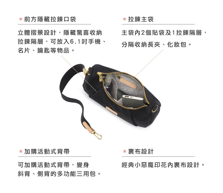 粉色肩背包 法棍包 小包包 肩背包推薦 肩背包 防潑水包 小包 Soldier 星星伴月法棍包 satana SOS2790-631 浮光粉 產品介紹 4