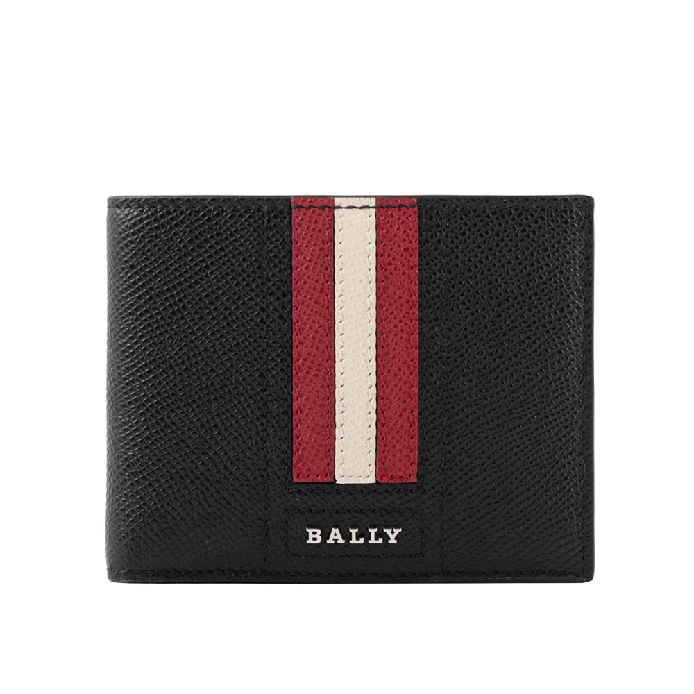 【BALLY】Tevye 防刮皮革紅白條紋對開6卡短夾(黑色)
