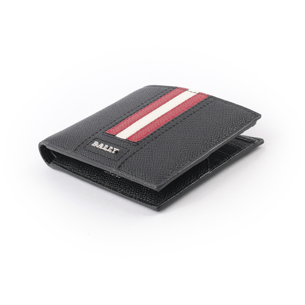【BALLY】Tevye 防刮皮革紅白條紋對開6卡短夾(黑色)