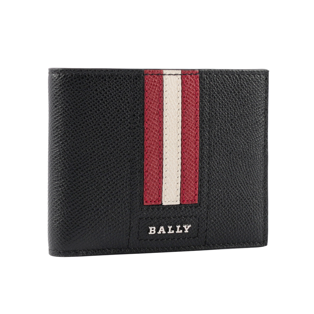 【BALLY】Tevye 防刮皮革紅白條紋對開6卡短夾(黑色)