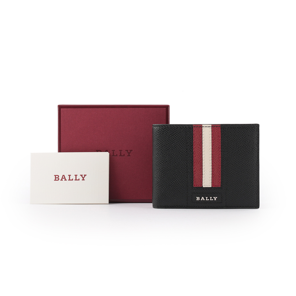 【BALLY】Tevye 防刮皮革紅白條紋對開6卡短夾(黑色)