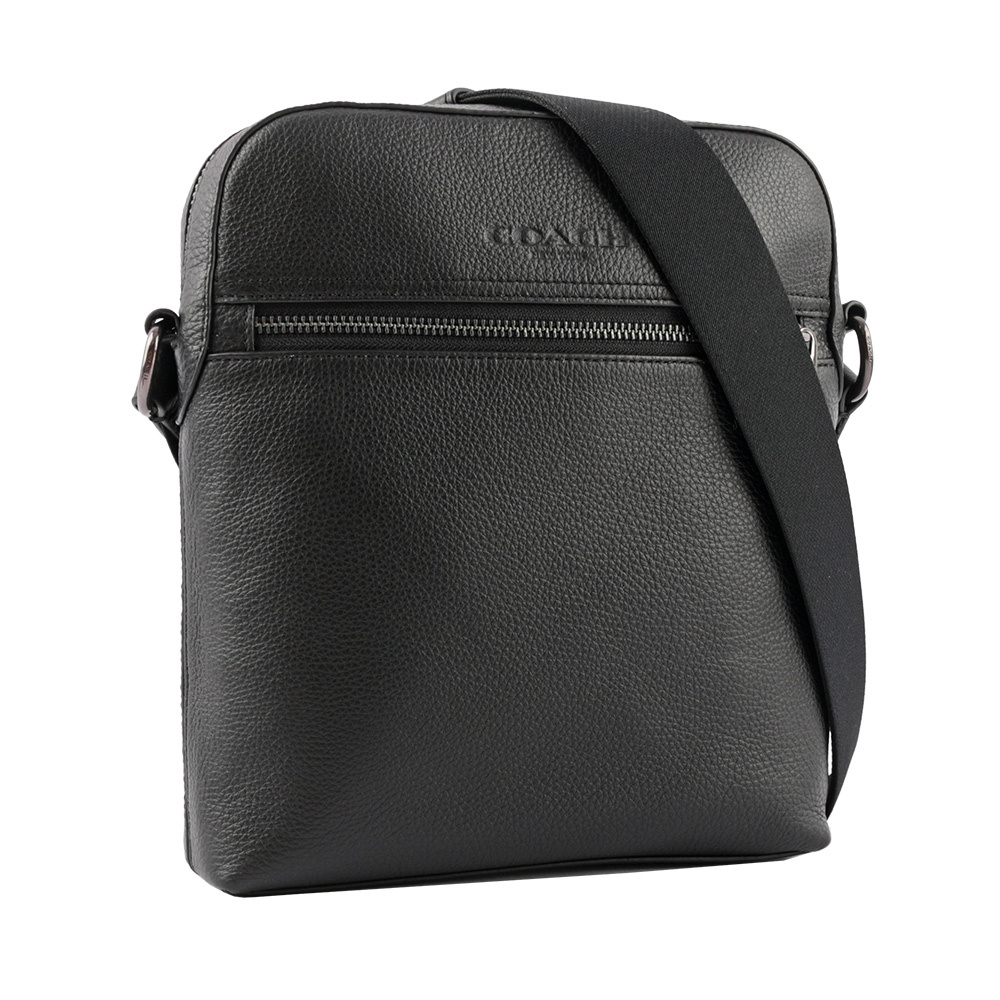 【COACH】Houston 荔枝皮革日字拉鍊斜背包(黑色)