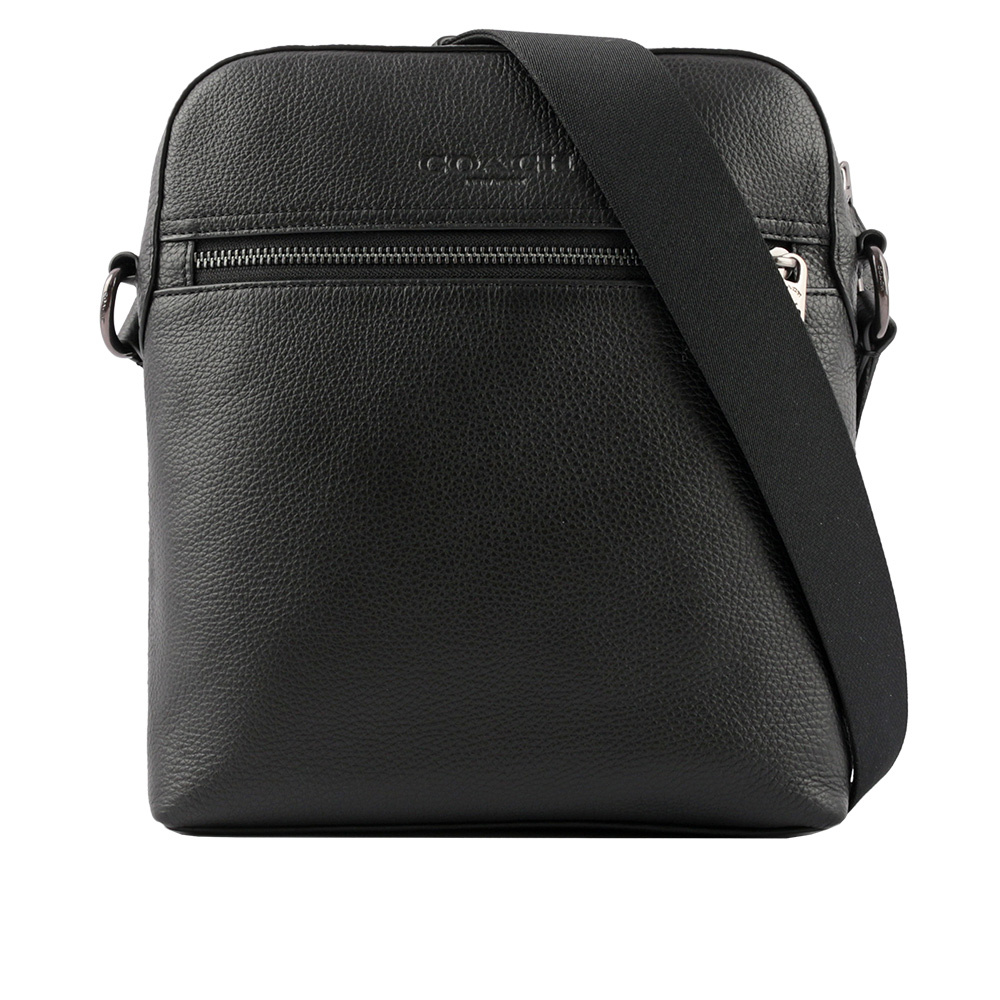 【COACH】Houston 荔枝皮革日字拉鍊斜背包(黑色)