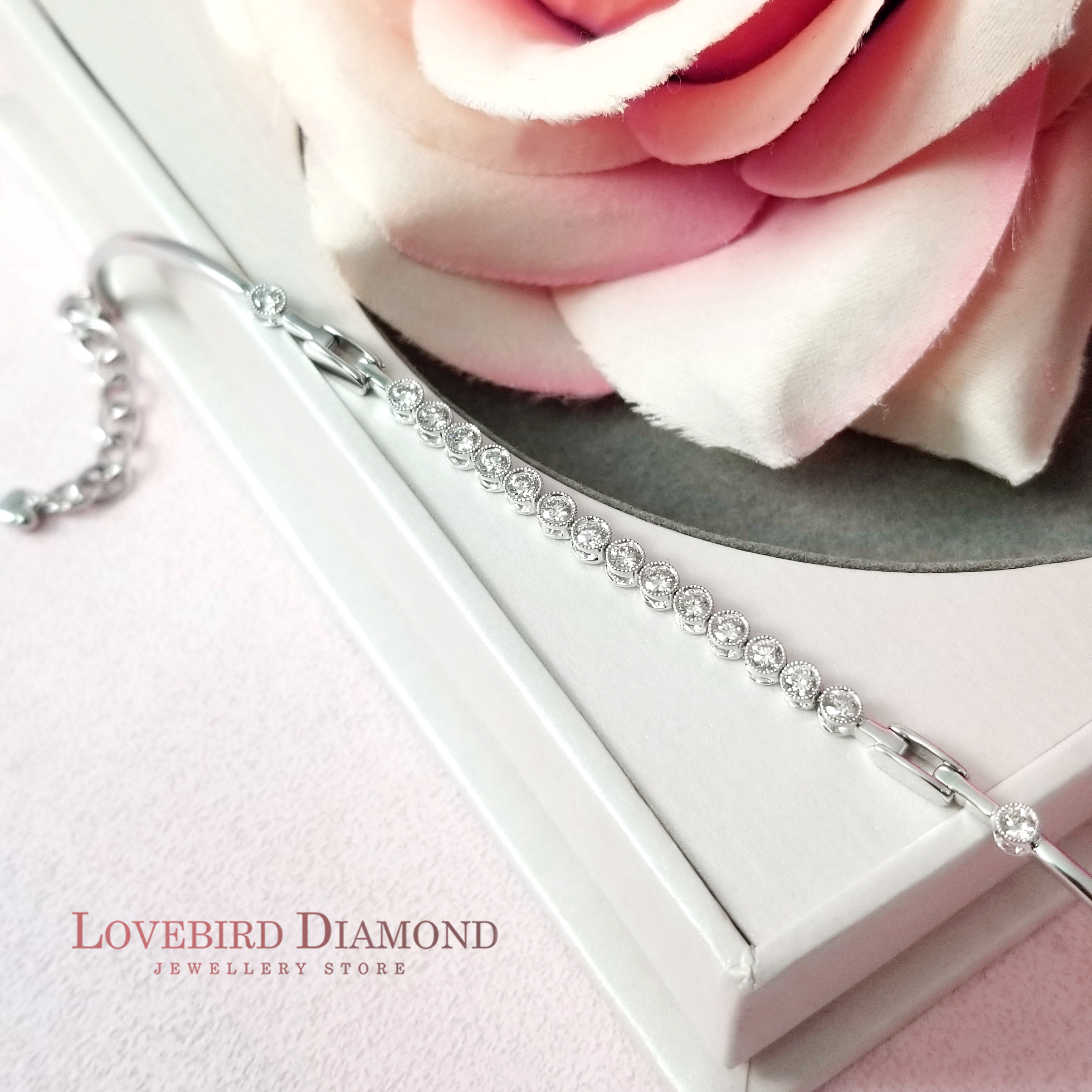 18K白金天然鑽石珠邊手鏈