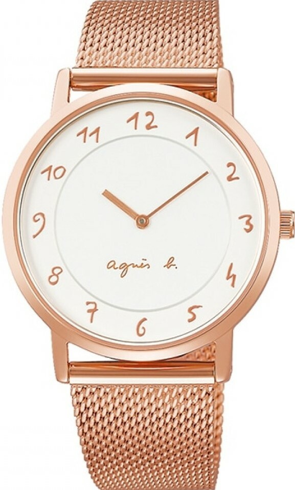 萬年鐘錶 - agnes b.   手繪  阿拉伯數字時標玫瑰金米蘭錶帶女錶   BJ5020X1  /  VJ20-KYS0K  錶徑33.8MM