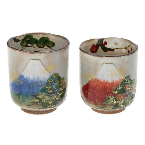 日本製京燒清水燒俊山窯森俊山【吉祥富士】對杯組