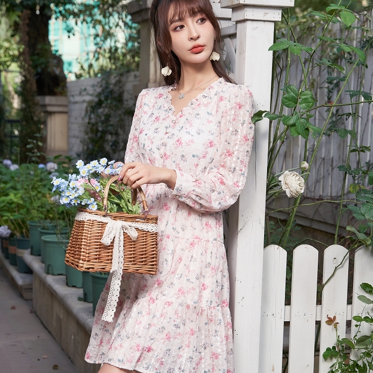 V領小花收腰洋