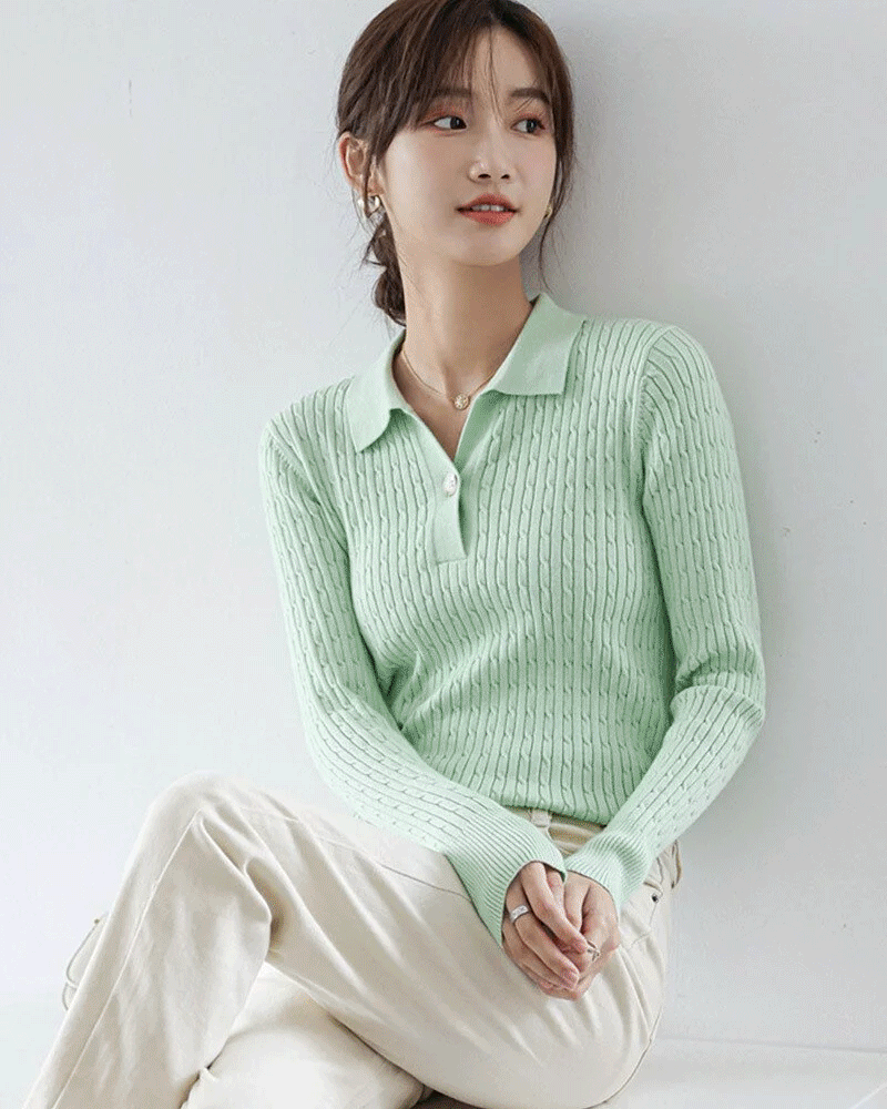 綠S/綠L/藍M【零碼出清不退換】POLO領麻花直紋針織上衣