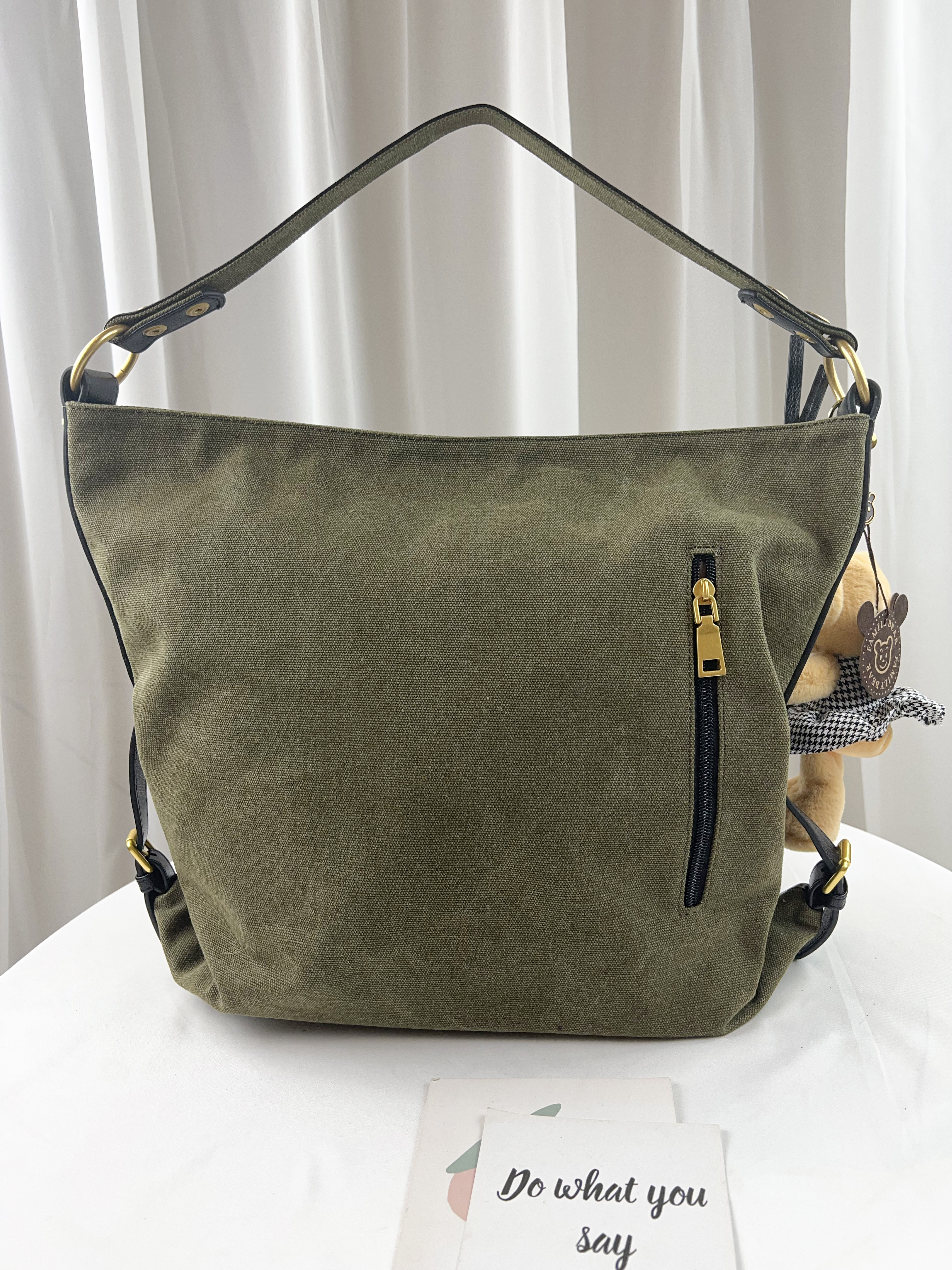 FamilyBear 軍綠帆布拼接真皮肩背包 / 側背包  #2289