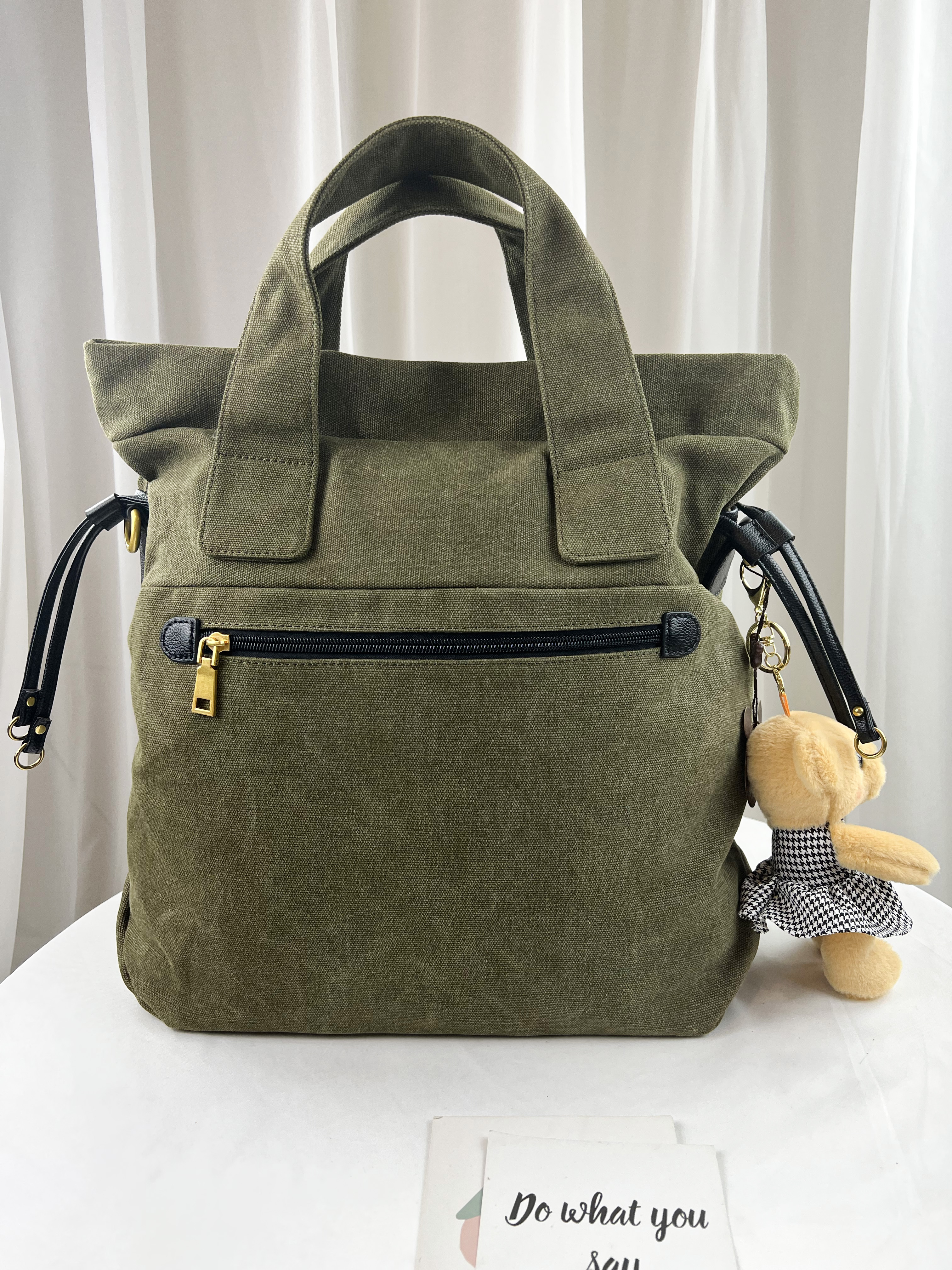 FamilyBear 軍綠帆布拼接真皮手提包 / 側背包  #2535