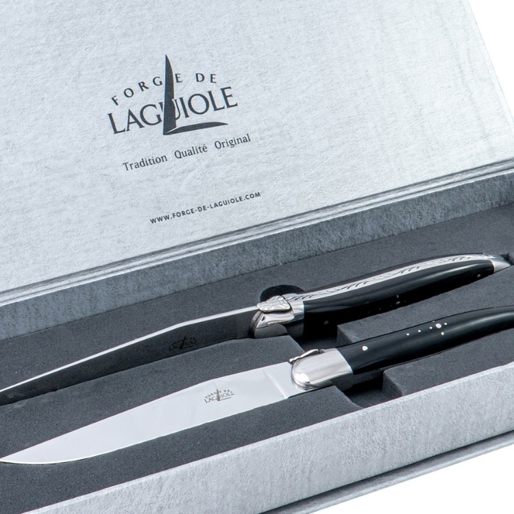 FORGE DE LAGUIOLE | 黑牛角握柄牛排刀/叉組 (亮面)