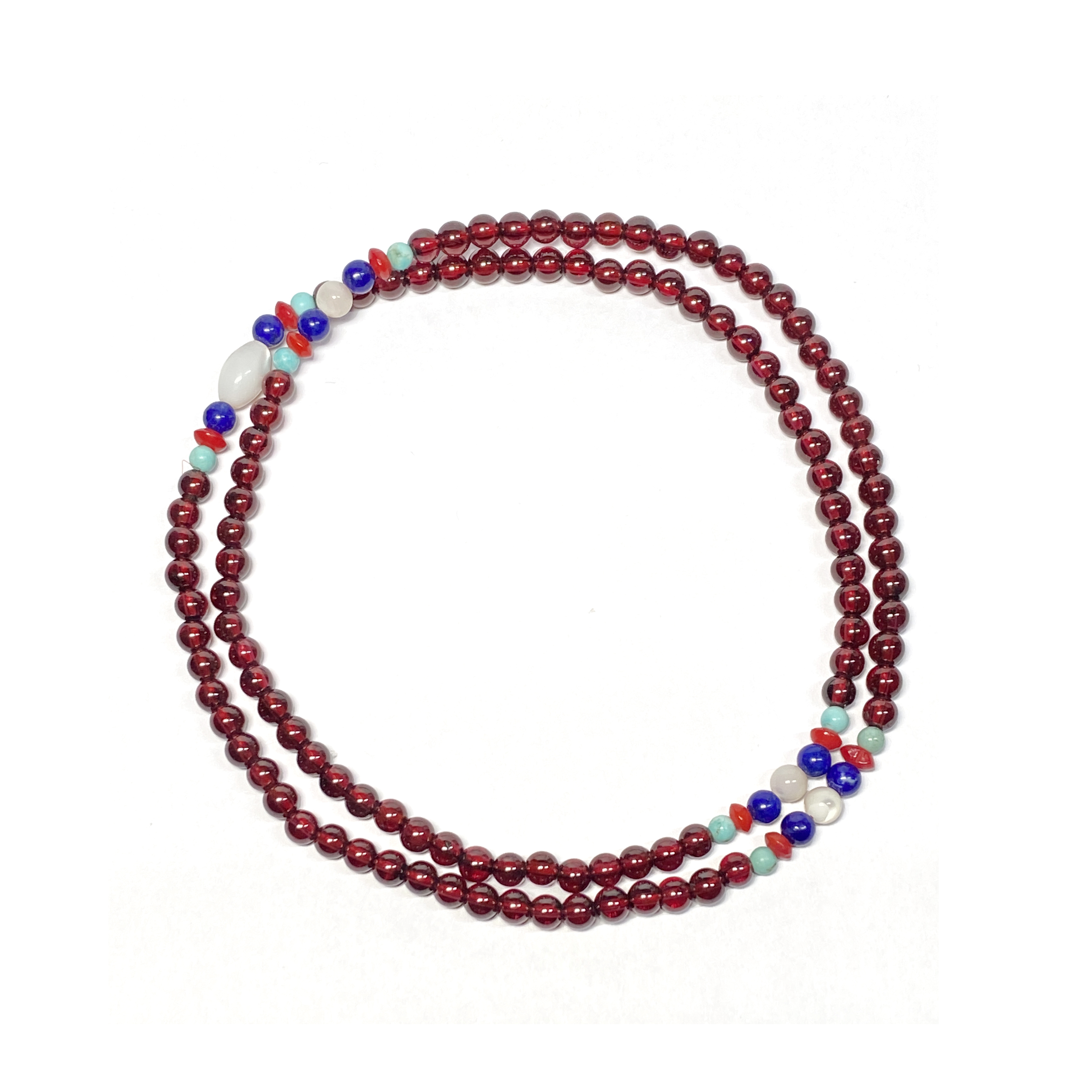 4.5mm 石榴石手串 (108顆) (配：綠松石、海竹、青金、白碟貝)