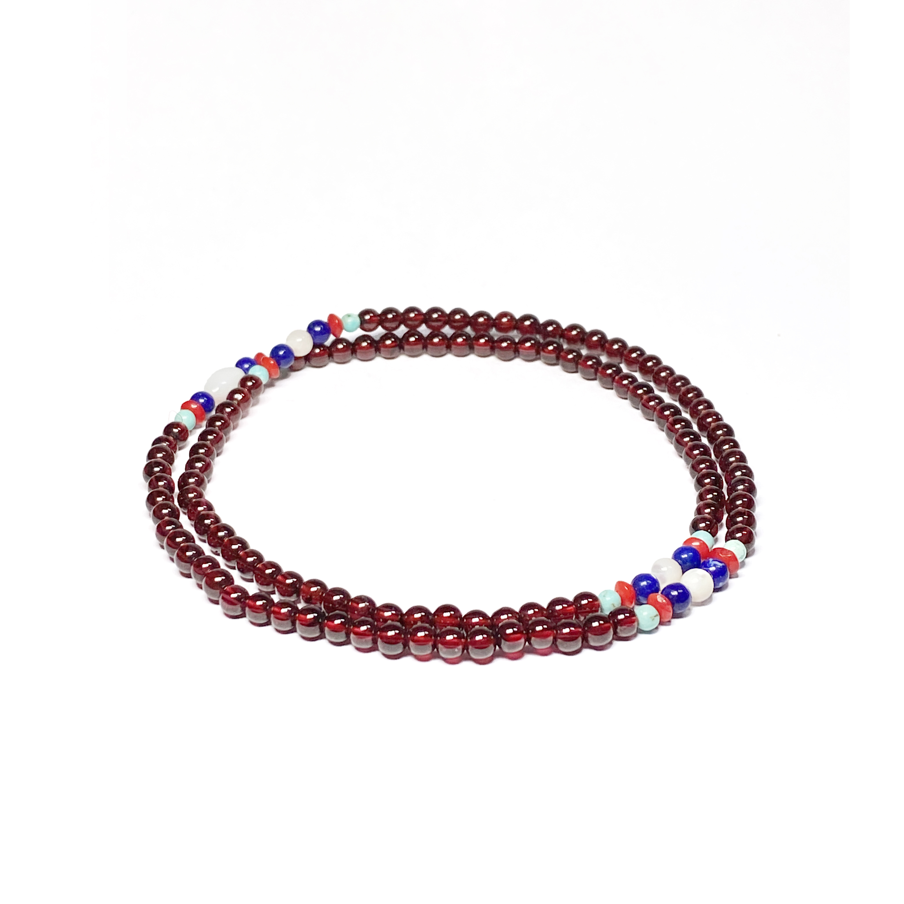 4.5mm 石榴石手串 (108顆) (配：綠松石、海竹、青金、白碟貝)