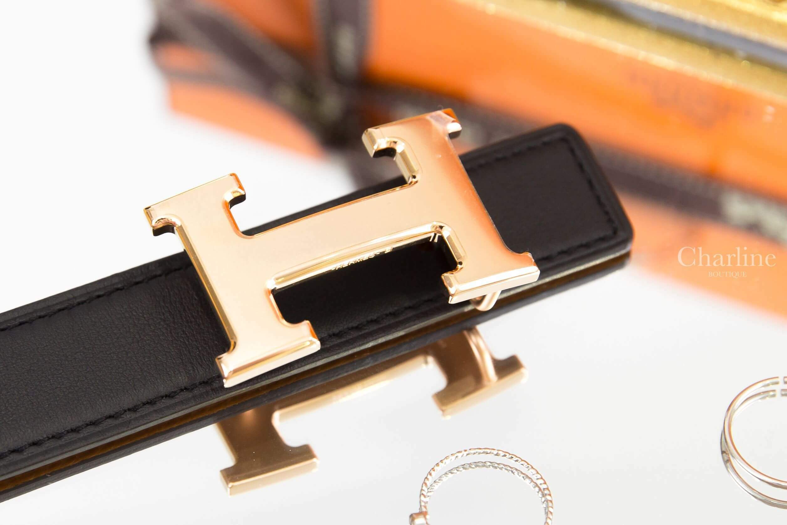 Hermès Mini H Belt Buckle & Reversible Leather Strap 24 Mm 黑色/焦糖色玫瑰金釦雙面皮帶