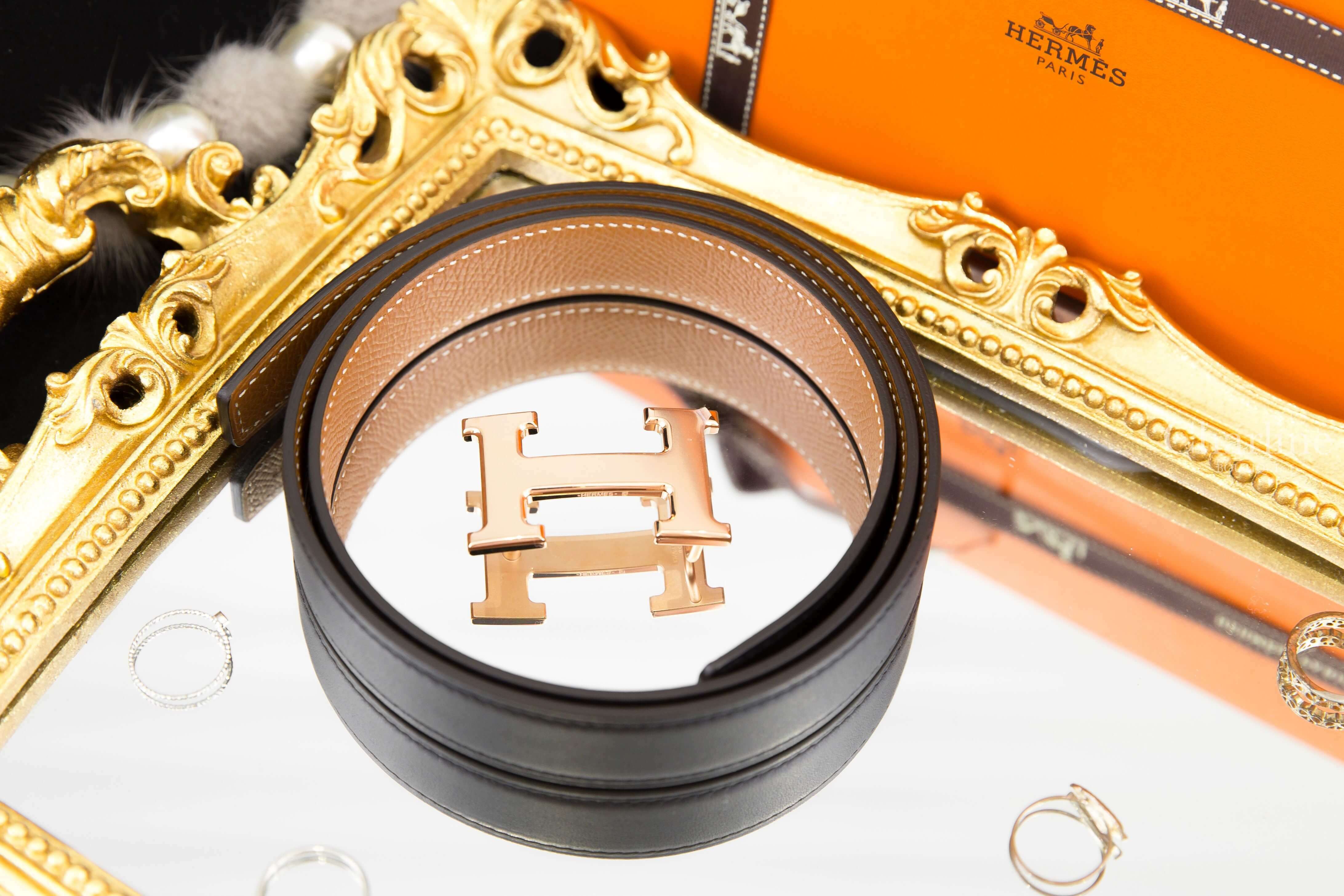 Hermès Mini H Belt Buckle & Reversible Leather Strap 24 Mm 黑色/焦糖色玫瑰金釦雙面皮帶