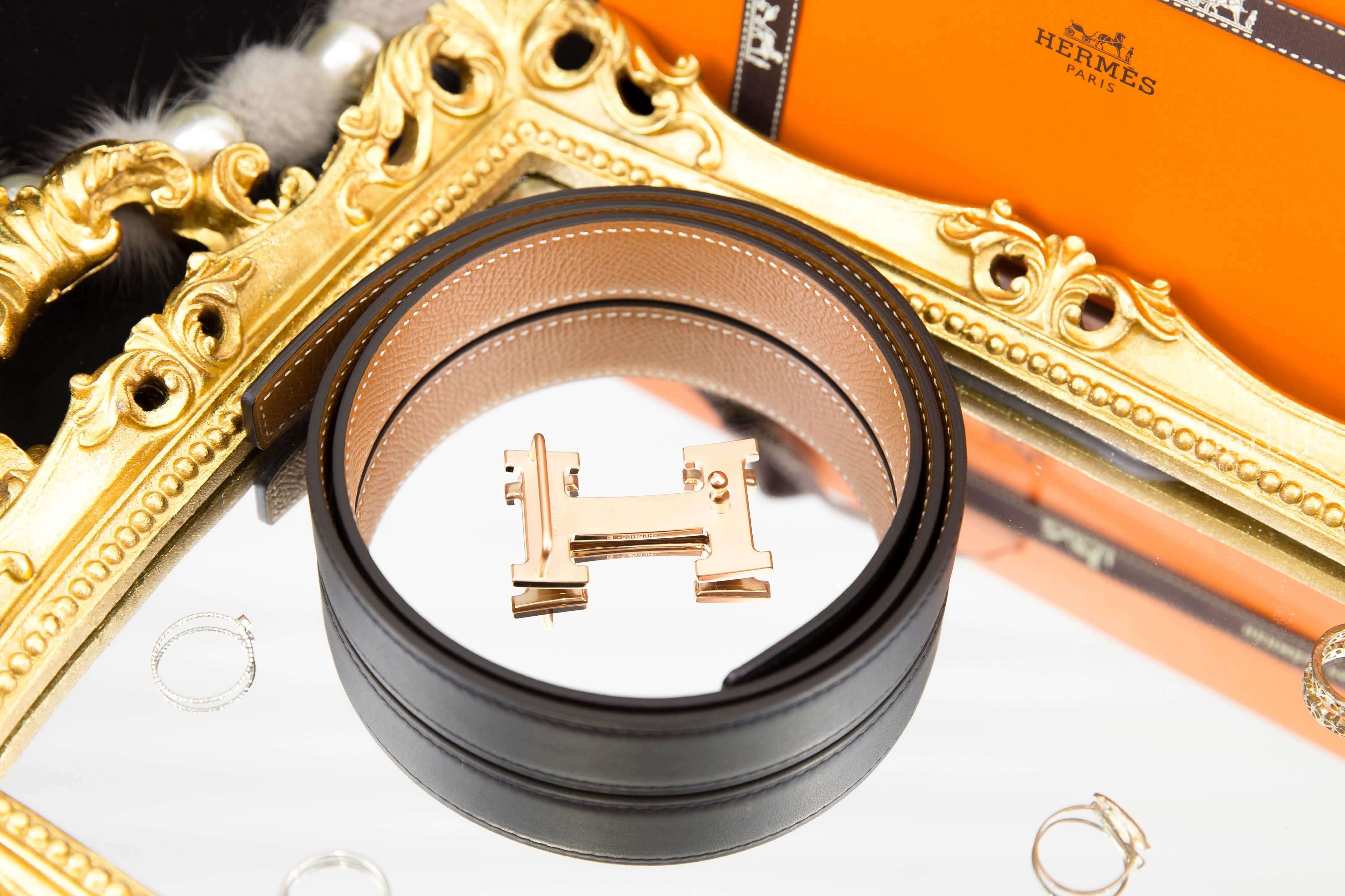 Hermès Mini H Belt Buckle & Reversible Leather Strap 24 Mm 黑色/焦糖色玫瑰金釦雙面皮帶-Charline Boutique 精品代購