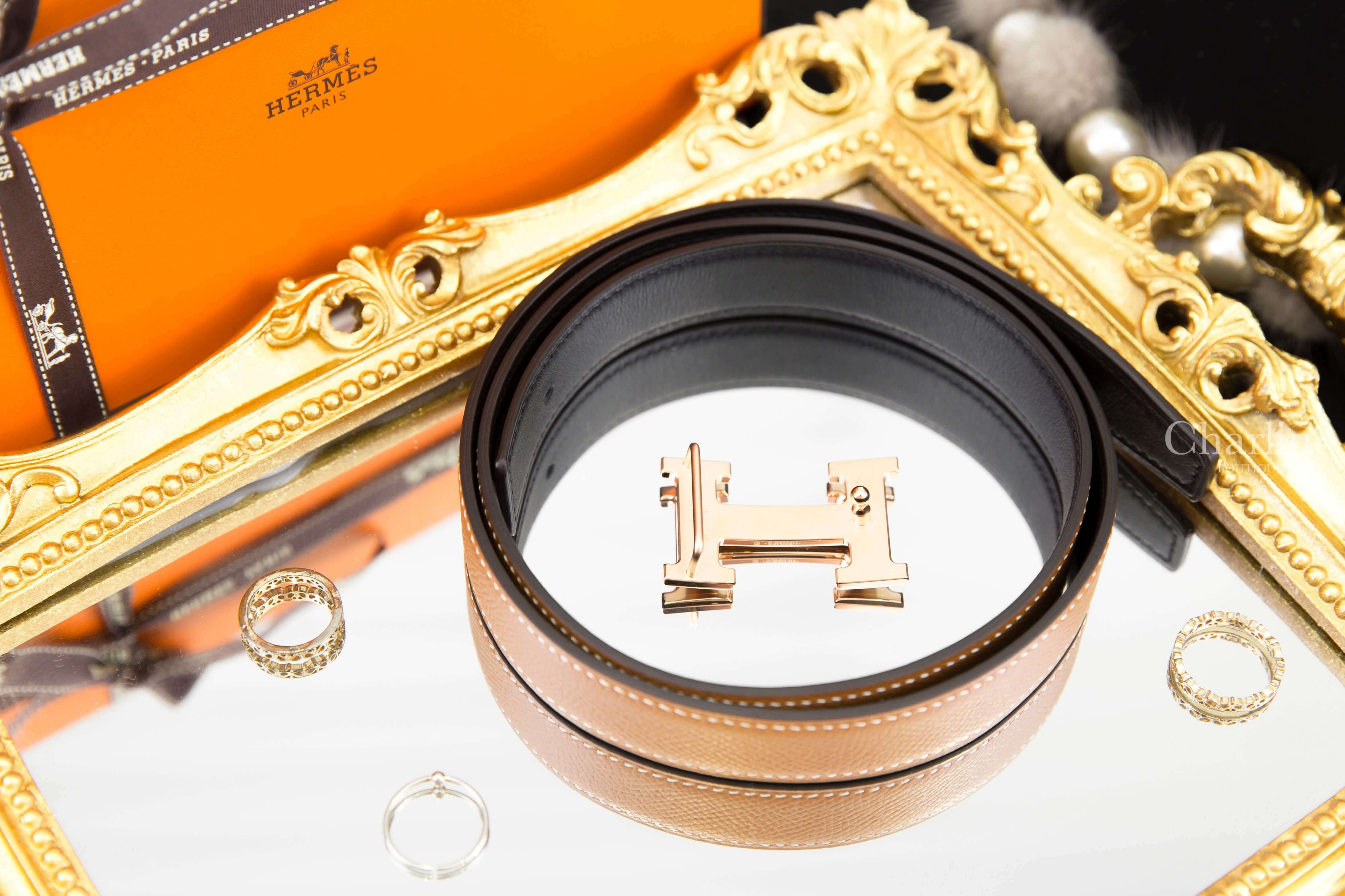 Hermès Mini H Belt Buckle & Reversible Leather Strap 24 Mm 黑色/焦糖色玫瑰金釦雙面皮帶-Charline Boutique 精品代購