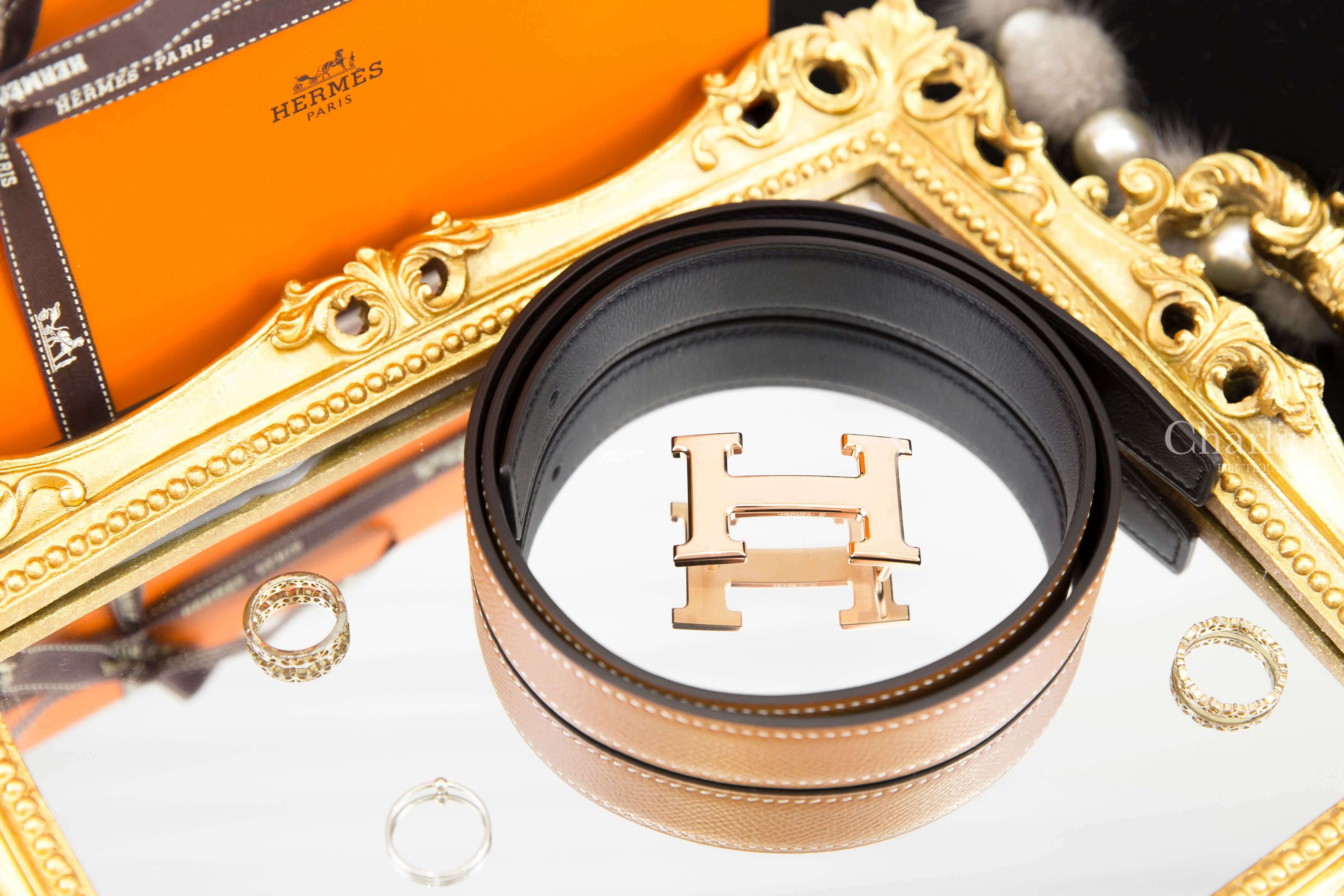 Hermès Mini H Belt Buckle & Reversible Leather Strap 24 Mm 黑色/焦糖色玫瑰金釦雙面皮帶-Charline Boutique 精品代購