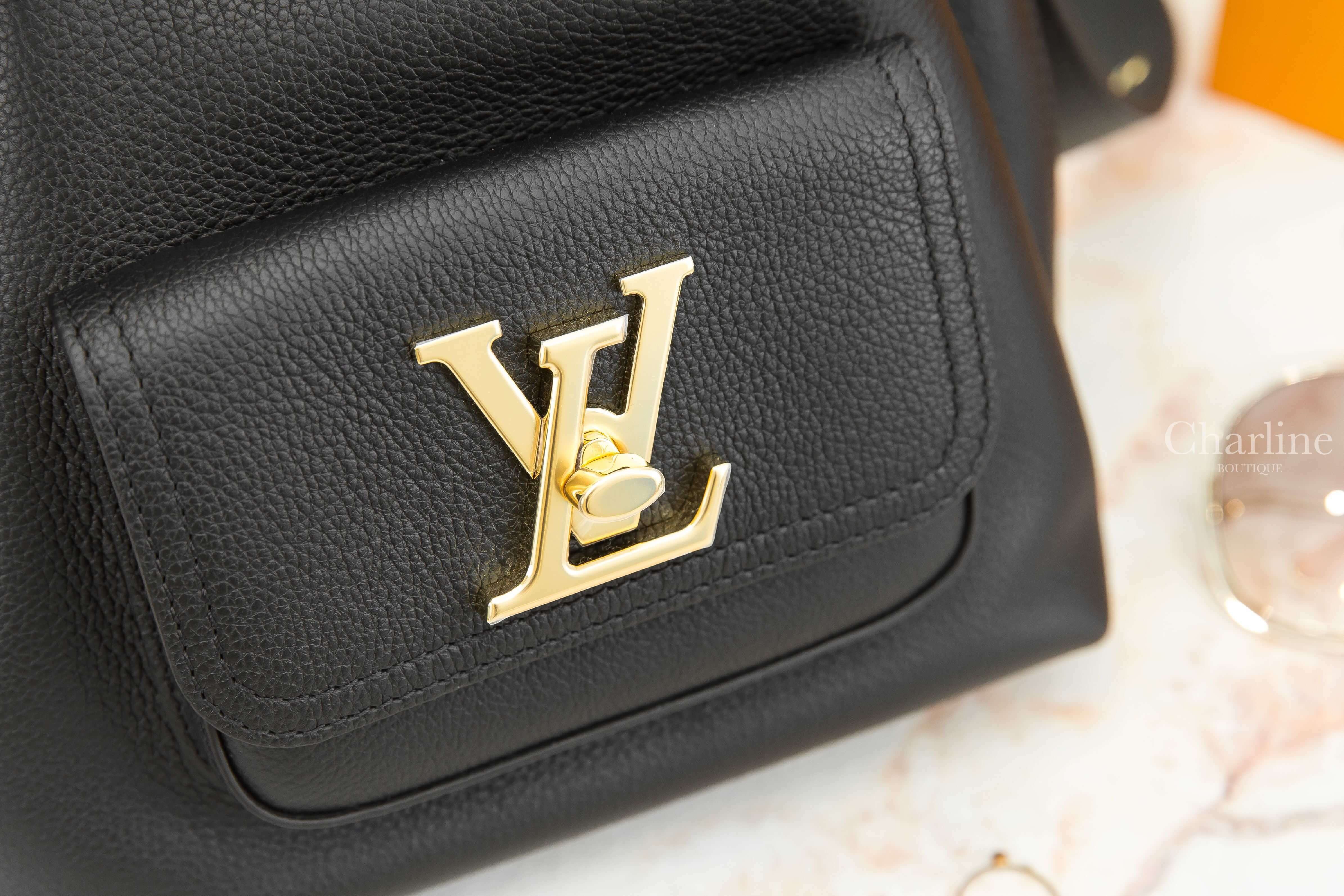 Louis Vuitton Lockme Bucket Bag 黑色金釦翻蓋夾層粒面小牛皮手提水桶肩背包